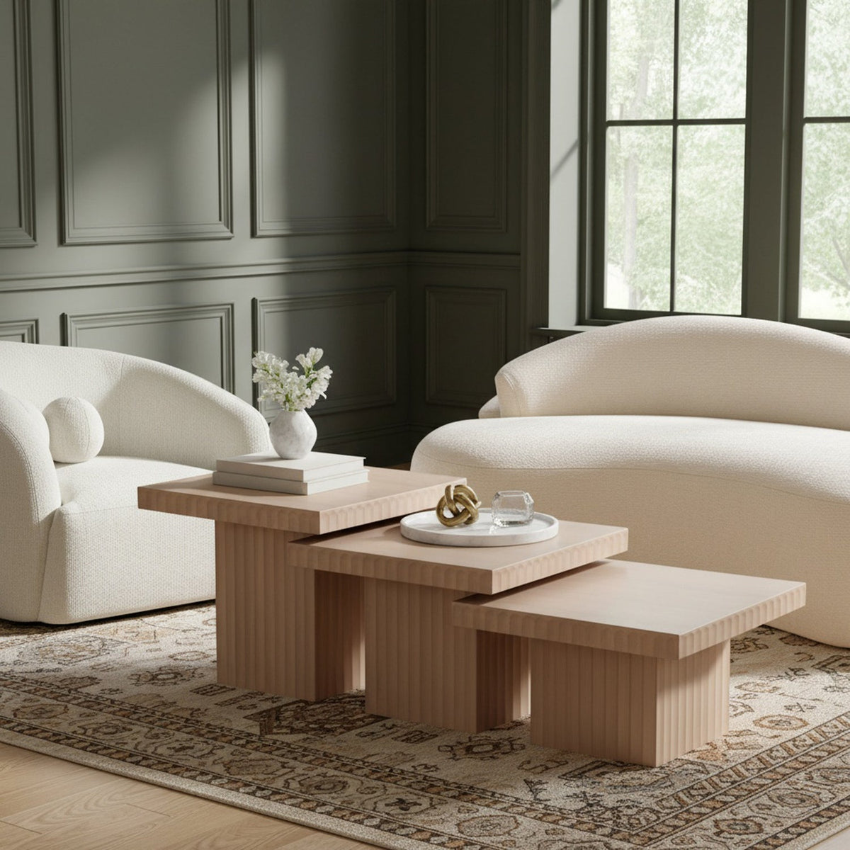 Spencer Natural Solid Wood And Oak Veneer 3 Piece Coffee Table