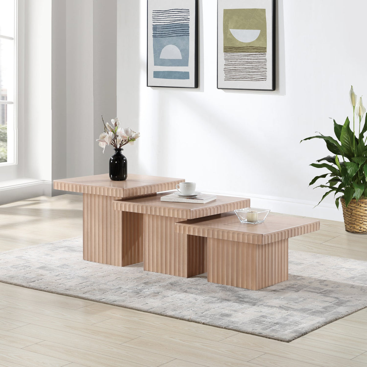 Spencer Natural Solid Wood And Oak Veneer 3 Piece Coffee Table