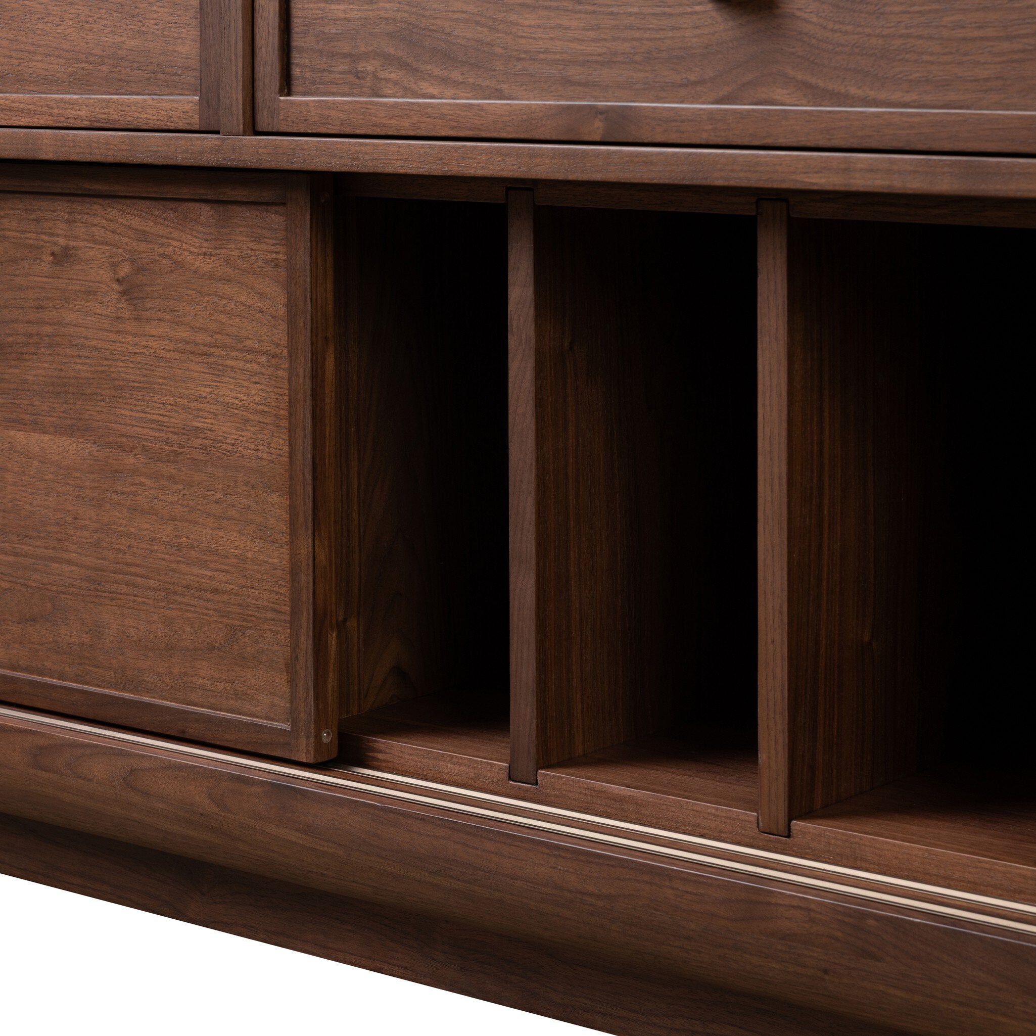Four Hands Vincent Dark Brown Walnut Media Console w/Record Storage close-up of the build