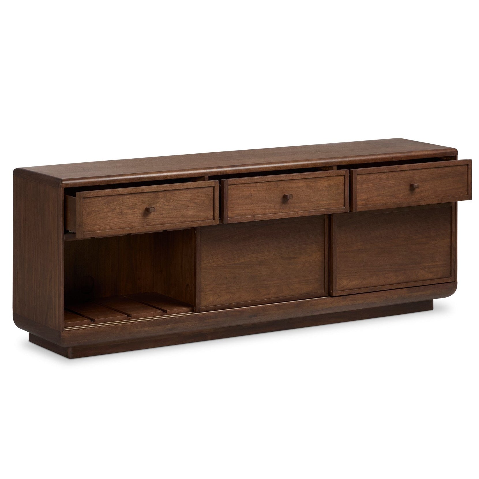 Four Hands Vincent Dark Brown Walnut Media Console w/Record Storage shown open with storage revealed
