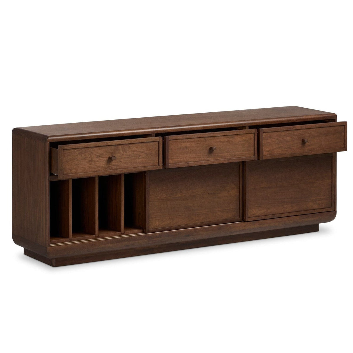 Four Hands Vincent Dark Brown Walnut Media Console w/Record Storage shown open with storage revealed (2)