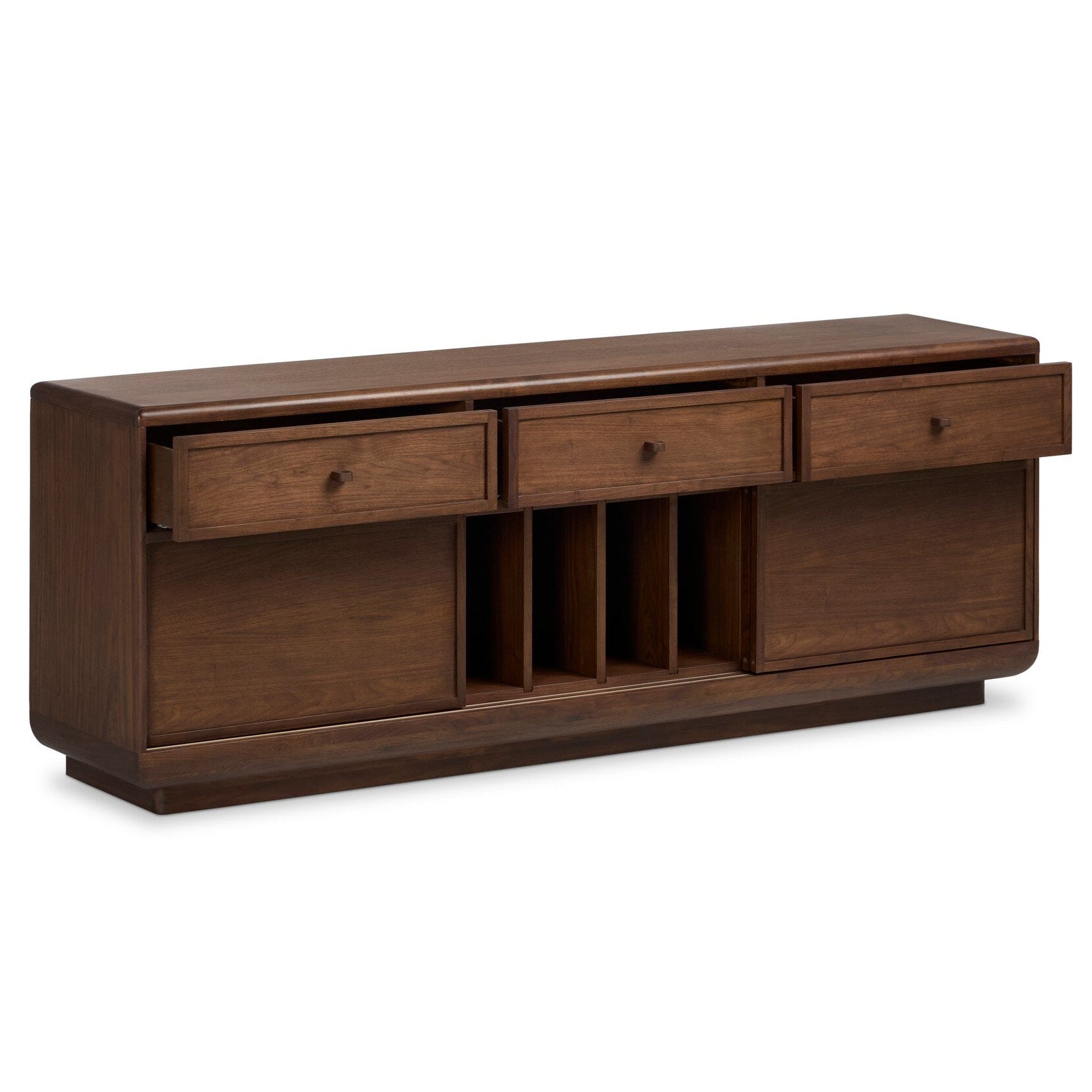 Four Hands Vincent Dark Brown Walnut Media Console w/Record Storage shown open with storage revealed (3)
