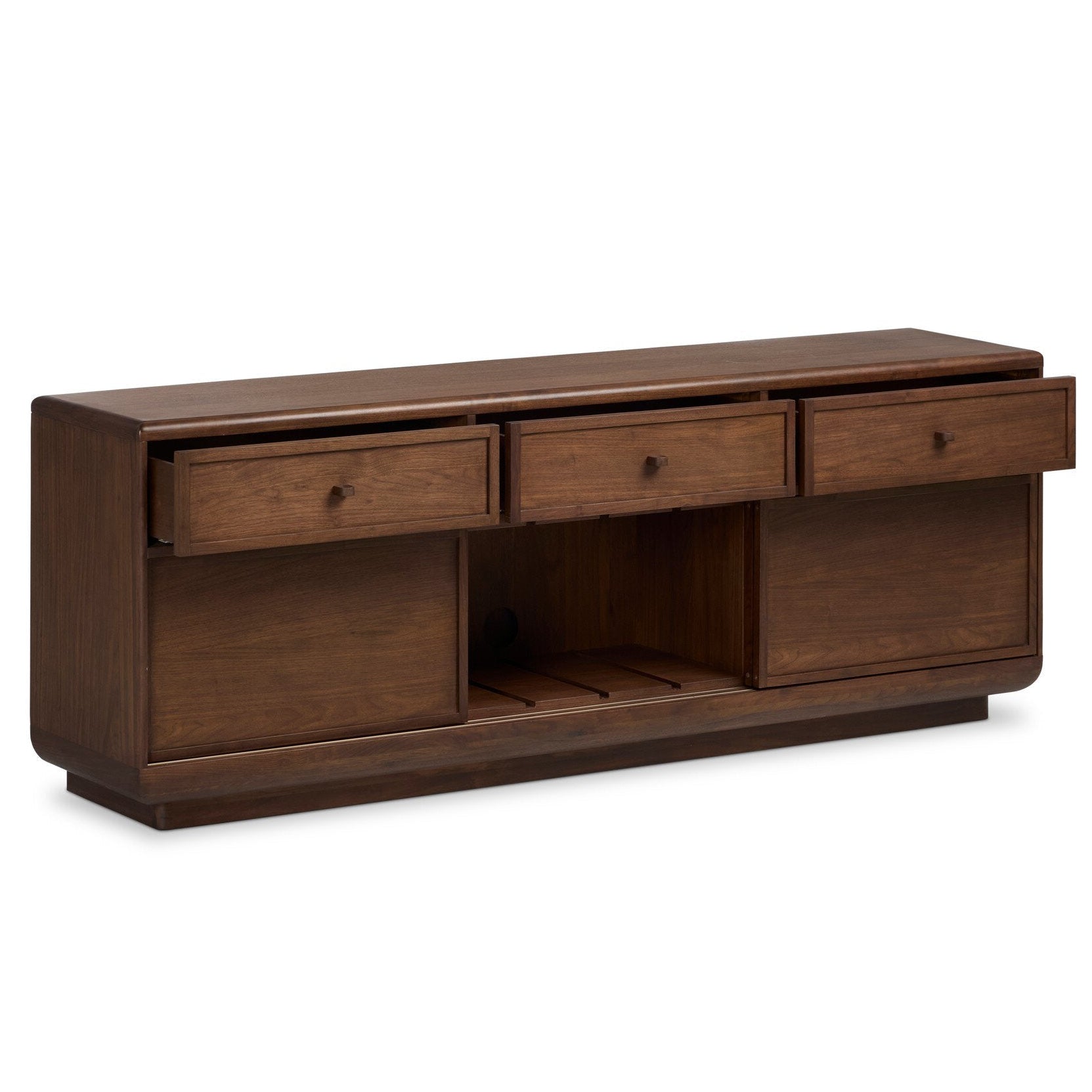 Four Hands Vincent Dark Brown Walnut Media Console w/Record Storage shown open with storage revealed (4)