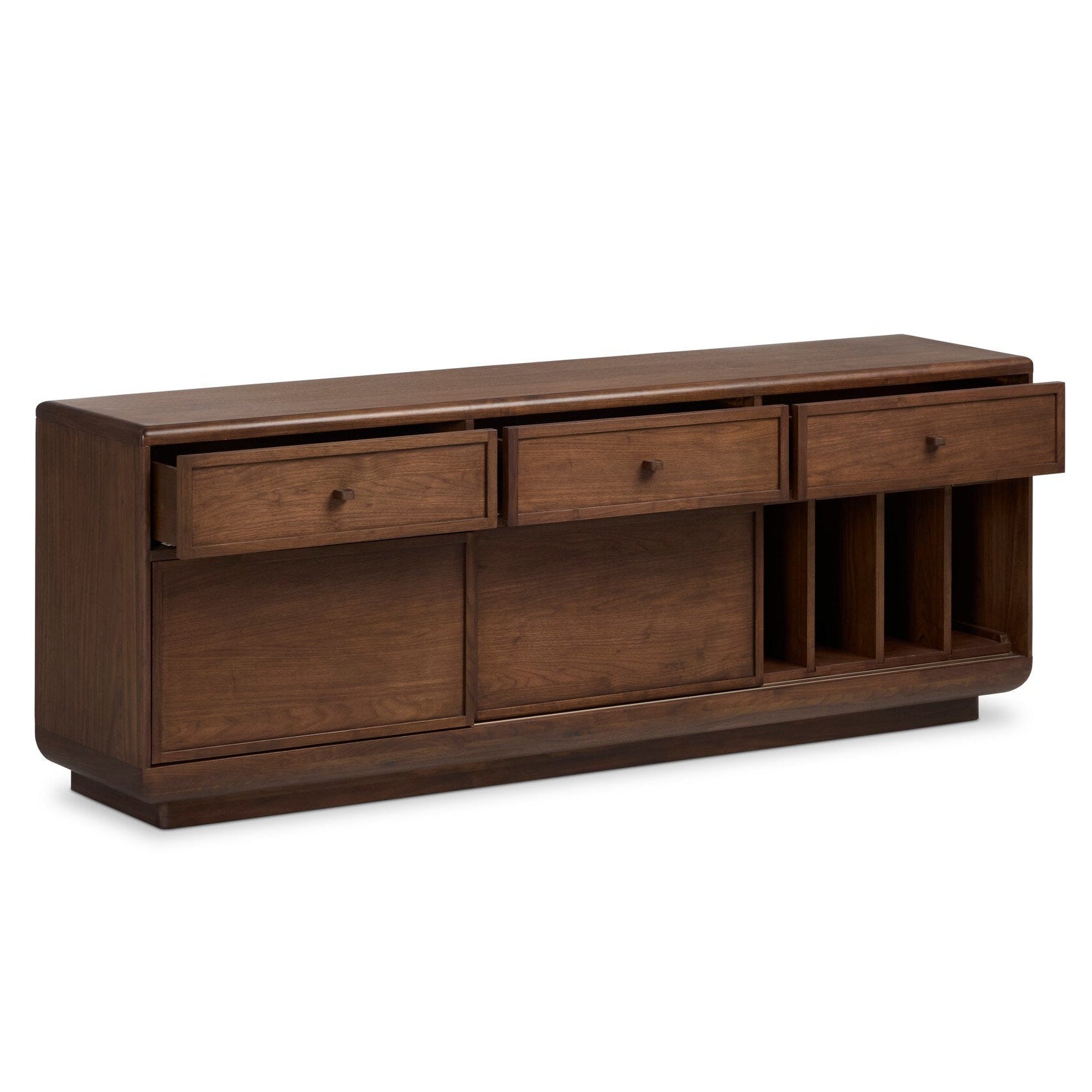 Four Hands Vincent Dark Brown Walnut Media Console w/Record Storage shown open with storage revealed (5)