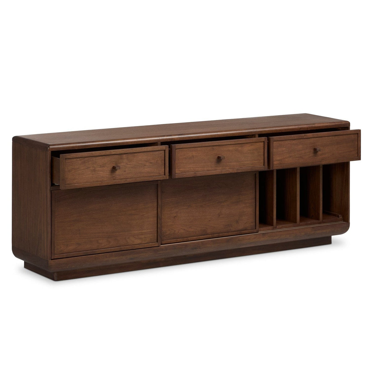 Four Hands Vincent Dark Brown Walnut Media Console w/Record Storage shown open with storage revealed (5)