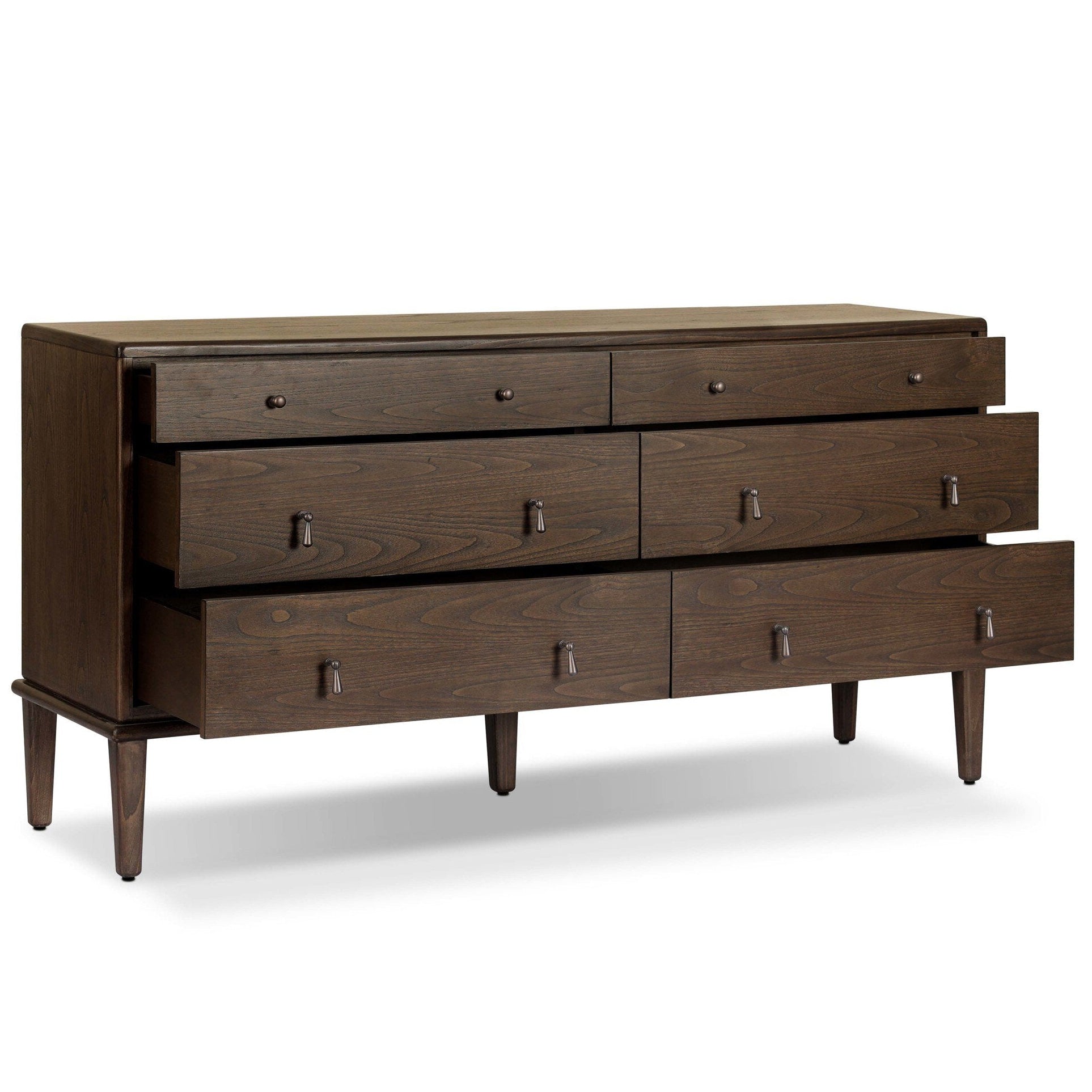 Four Hands Zaria Dark Brown Sungkai 6 Drawer Dresser shown with drawers open