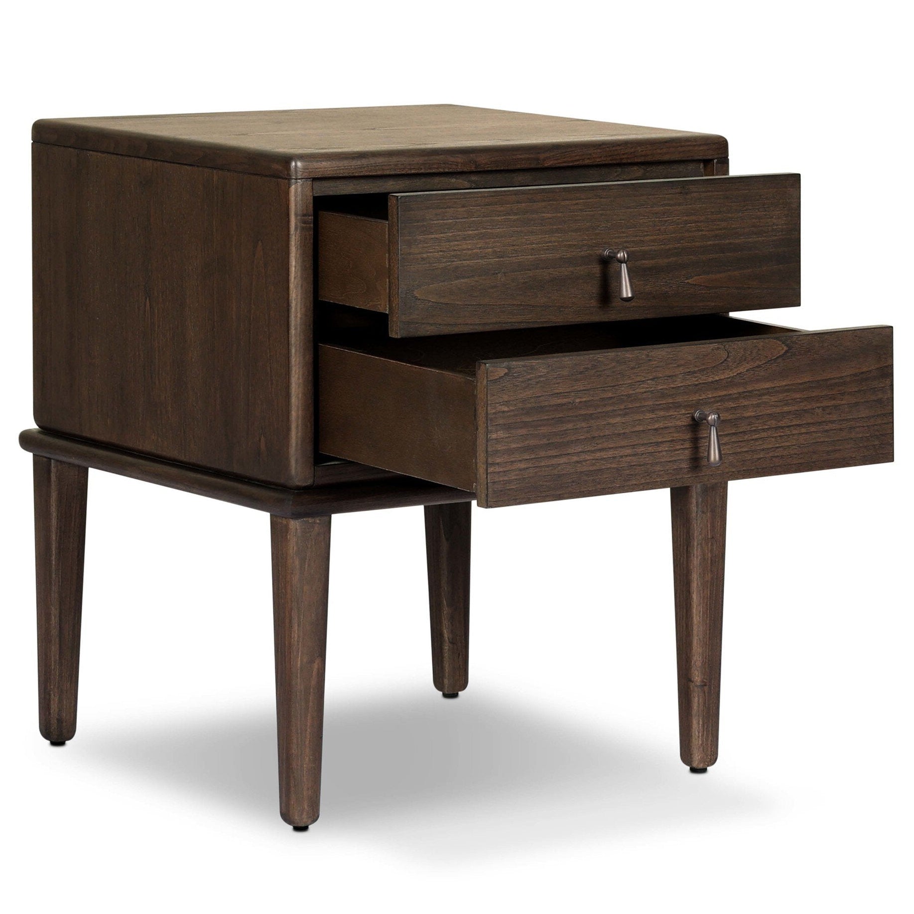 Four Hands Zaria Dark Brown Sungkai Nightstand shown with drawer open
