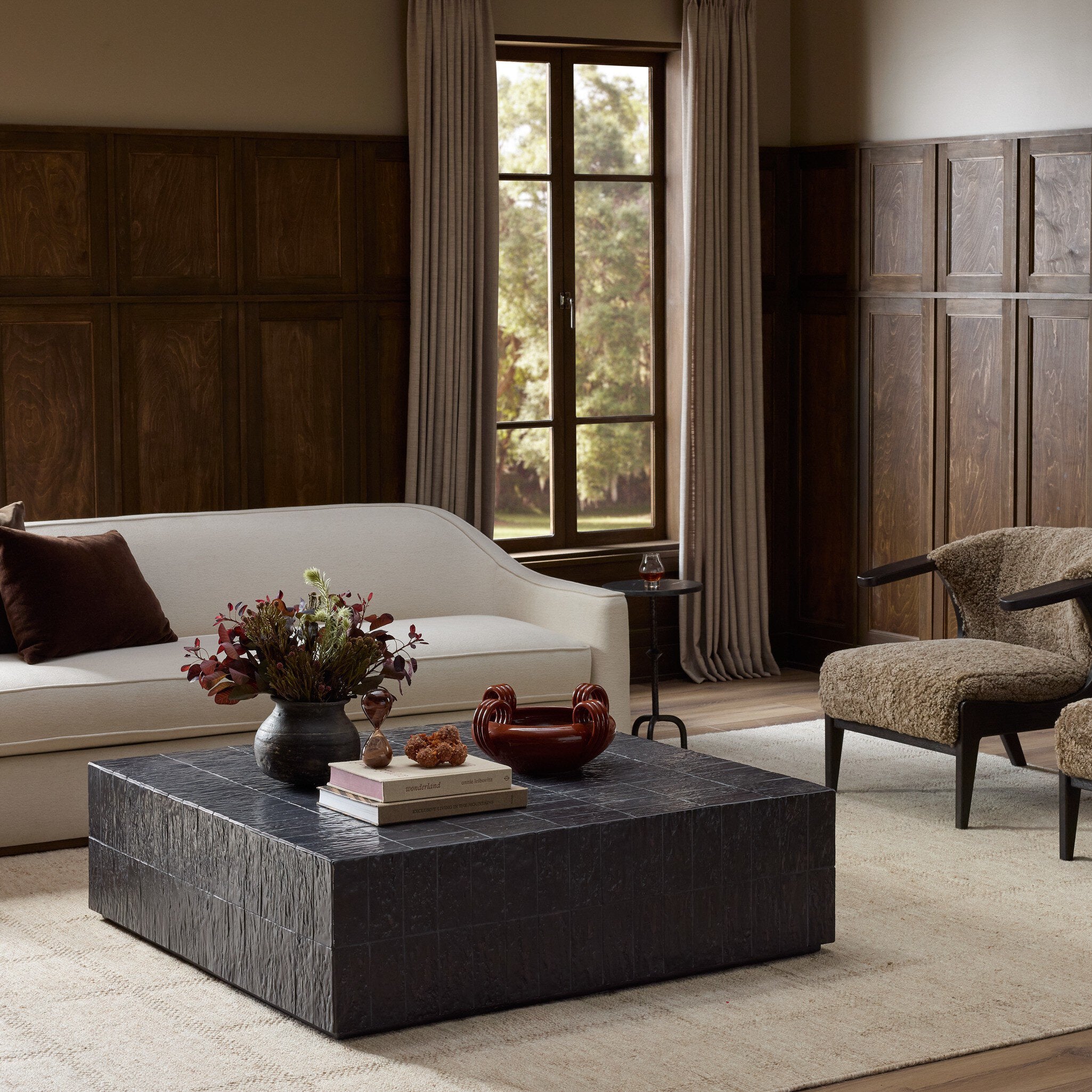 Four Hands Tanik Textured Brown Tile Coffee Table — in a styled room setting