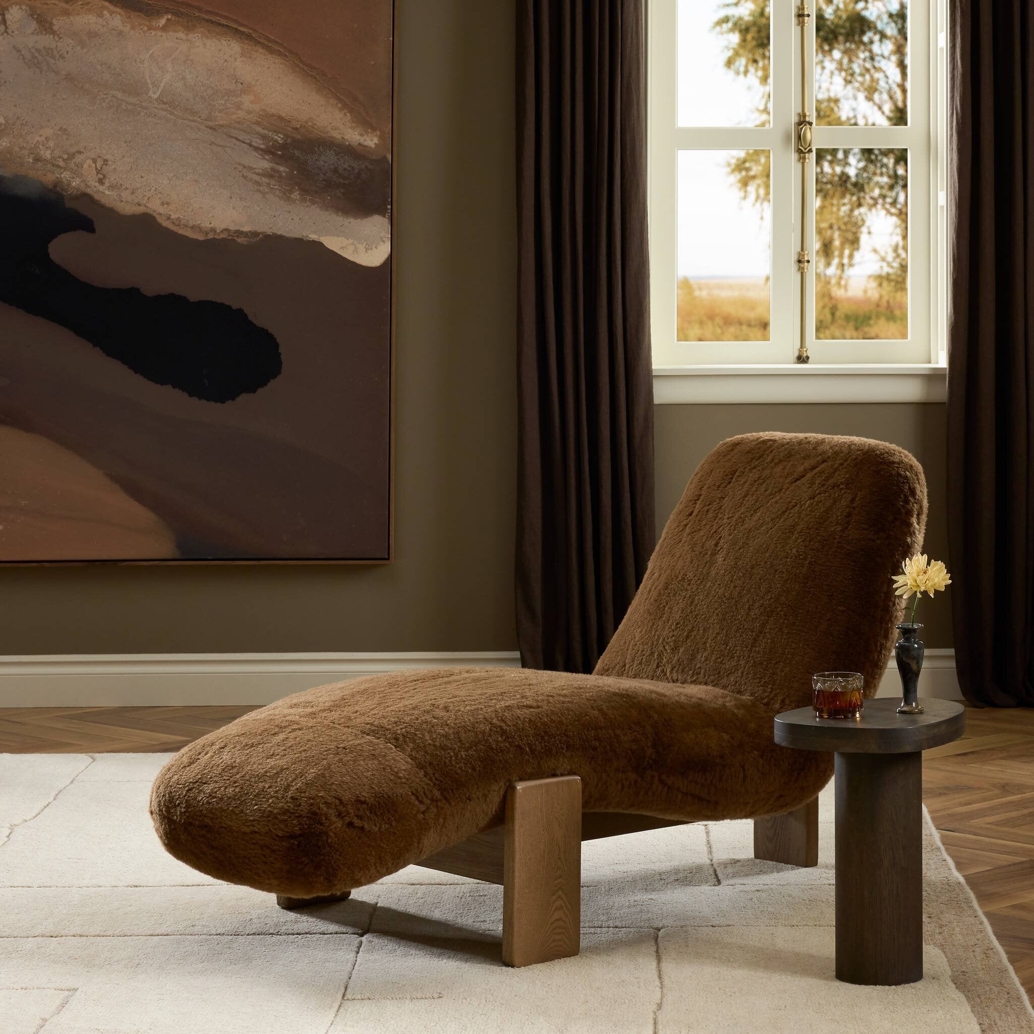 Four Hands Rivas Ochre Shearling Chaise — in a styled room setting