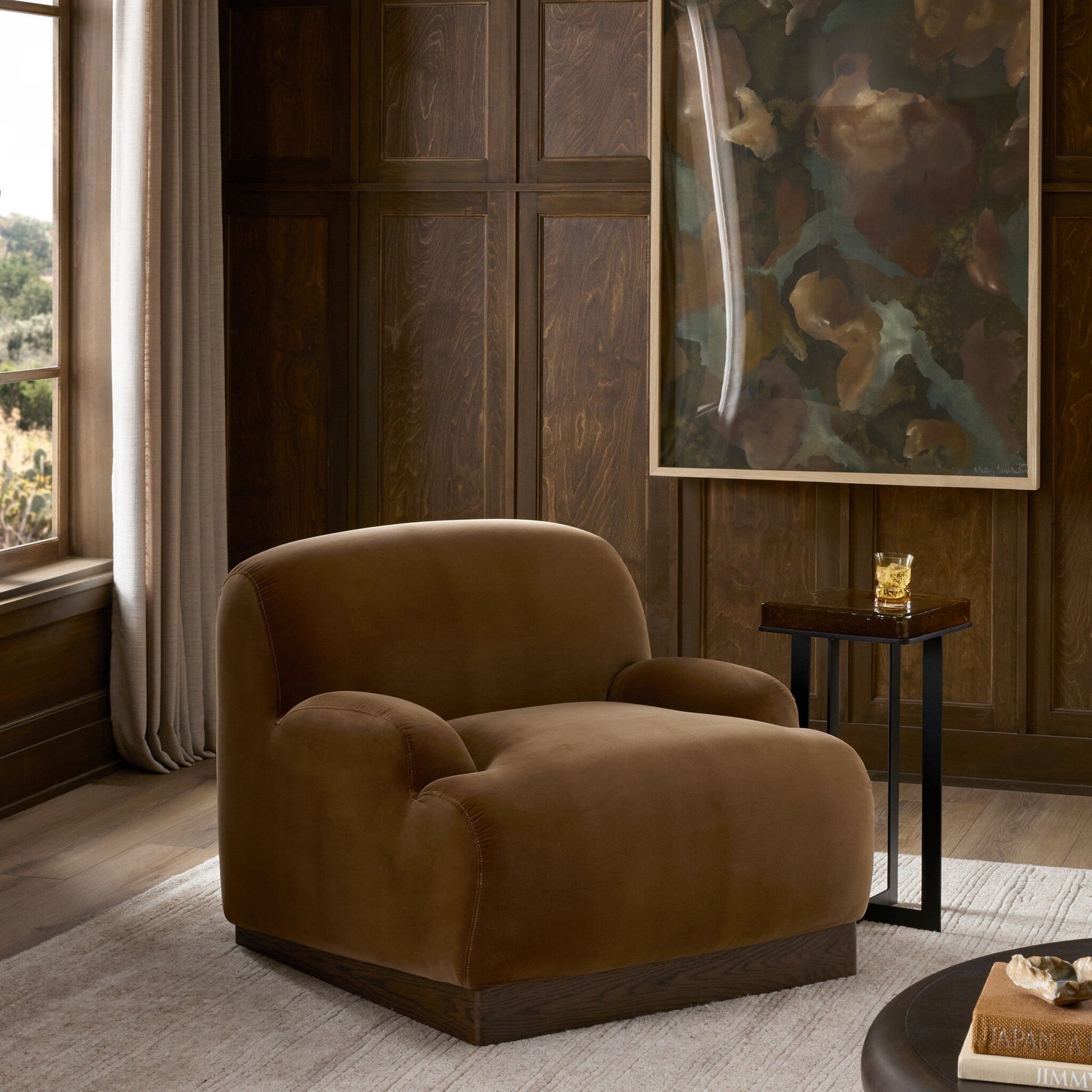 Four Hands Samos Surrey Ochre Chair — in a styled room setting