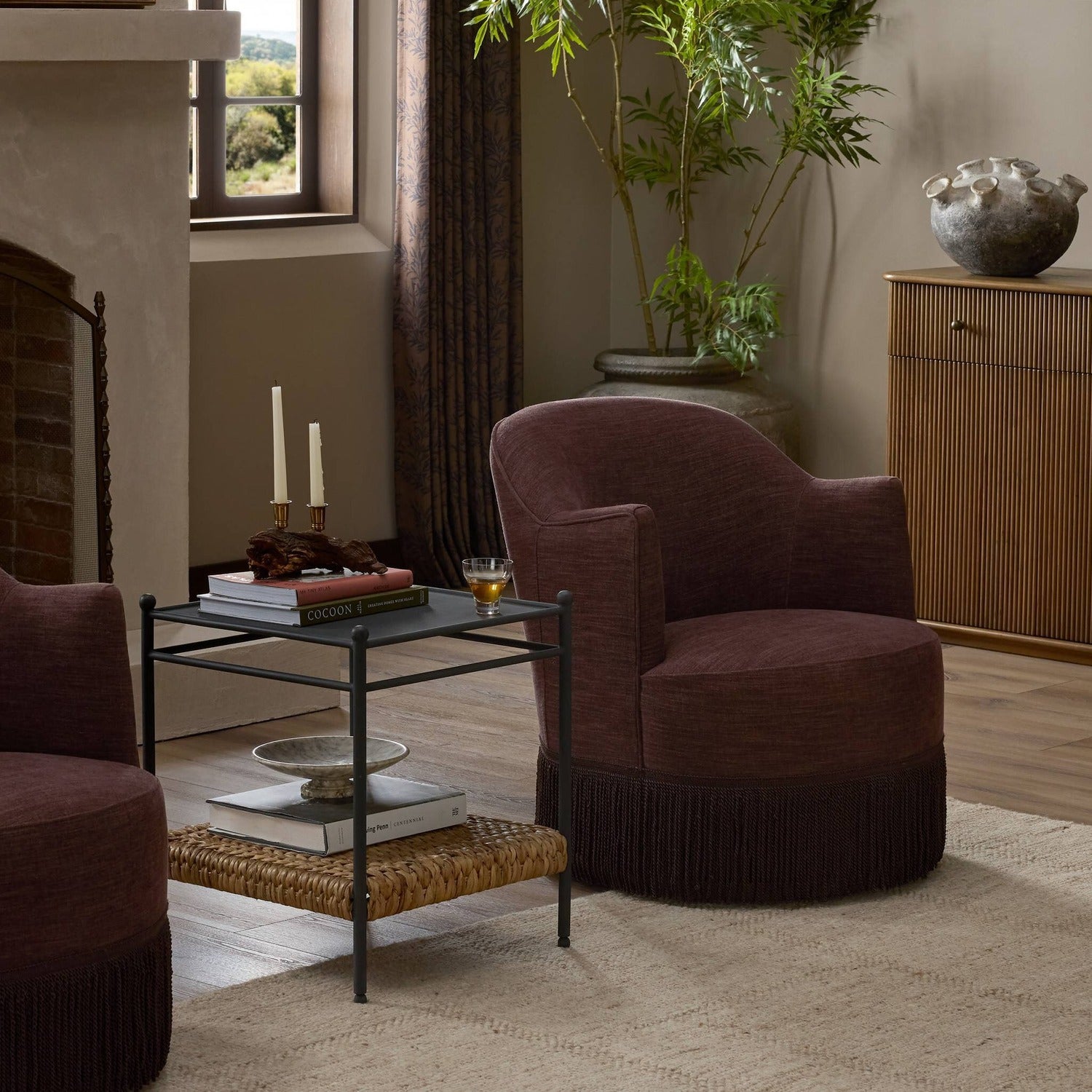 Four Hands Aurora Laughlin Plum Fringe Swivel Chair
