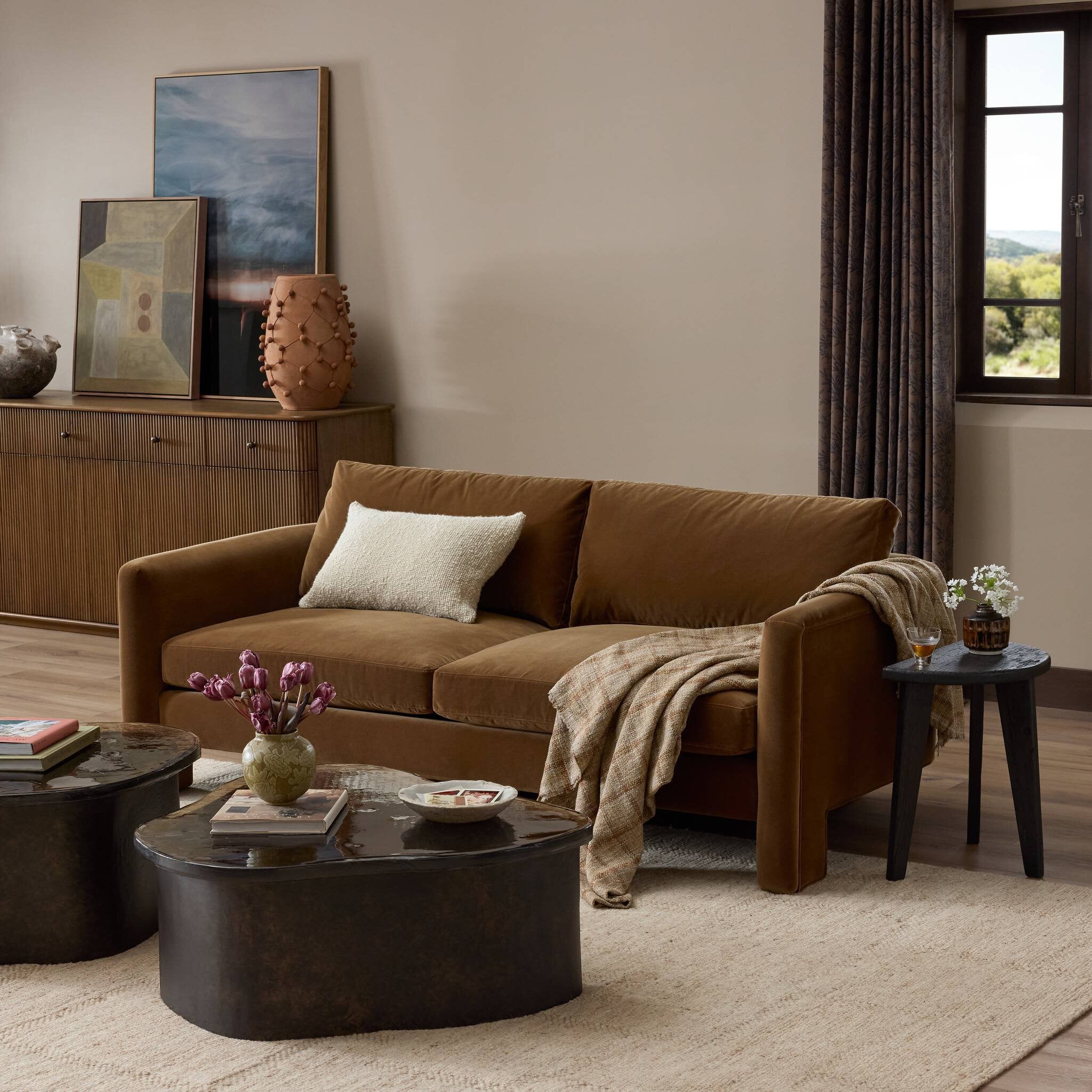 Four Hands Katya Surrey Ochre 80in Sofa — in a styled room setting