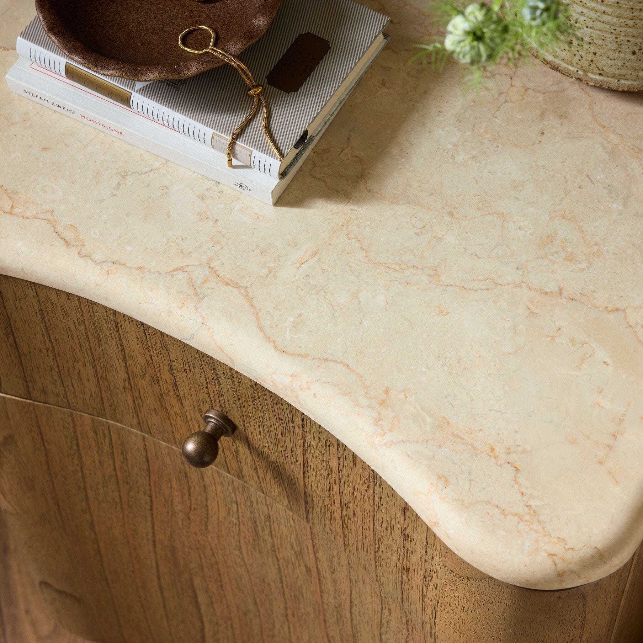 Four Hands Boa Cream Marble Small Nightstand — hardware detail