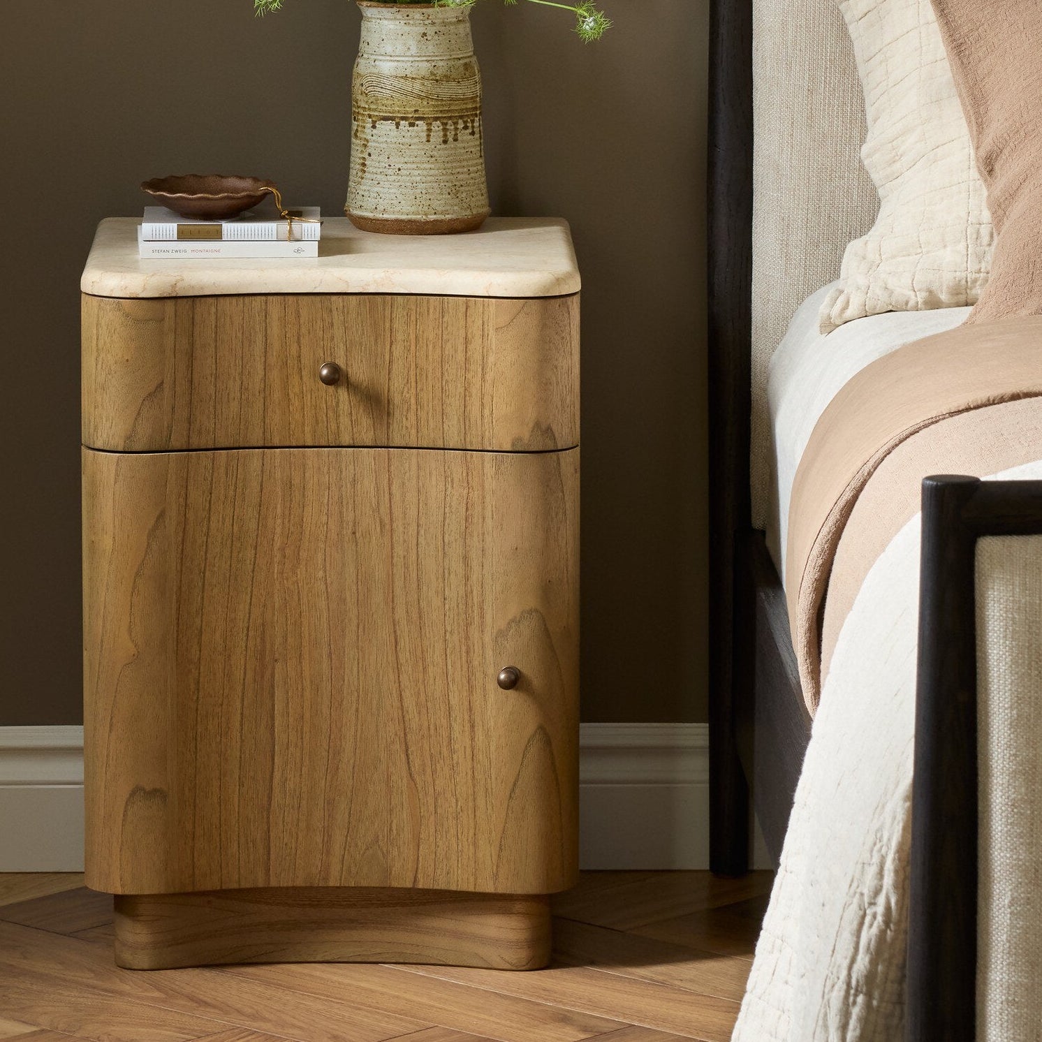 Four Hands Boa Cream Marble Small Nightstand — in a styled room setting