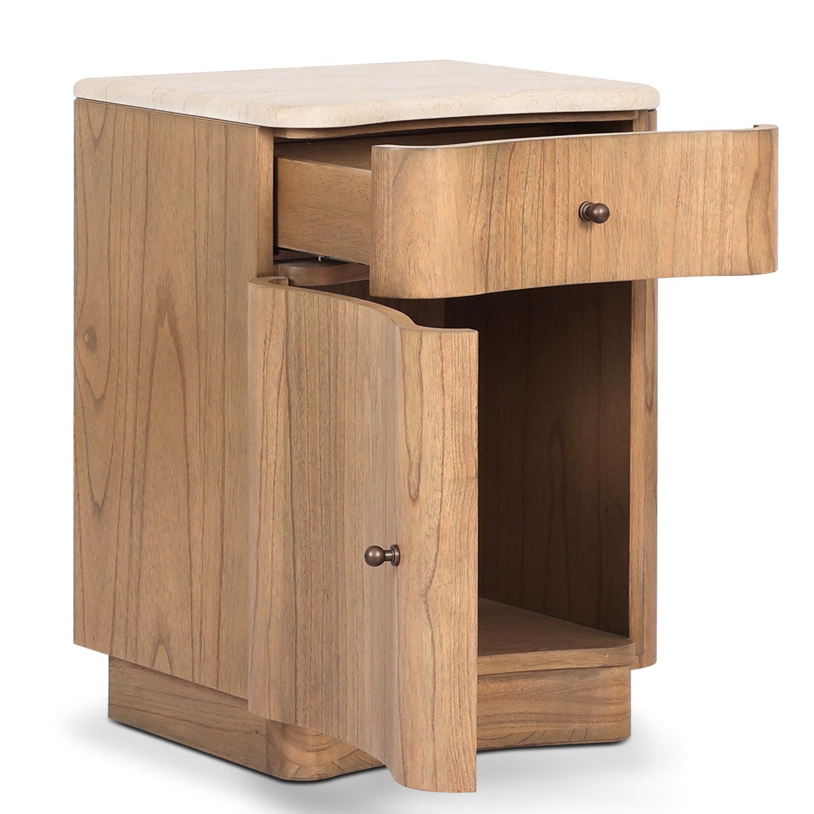 Four Hands Boa Cream Marble Small Nightstand shown open, surface texture