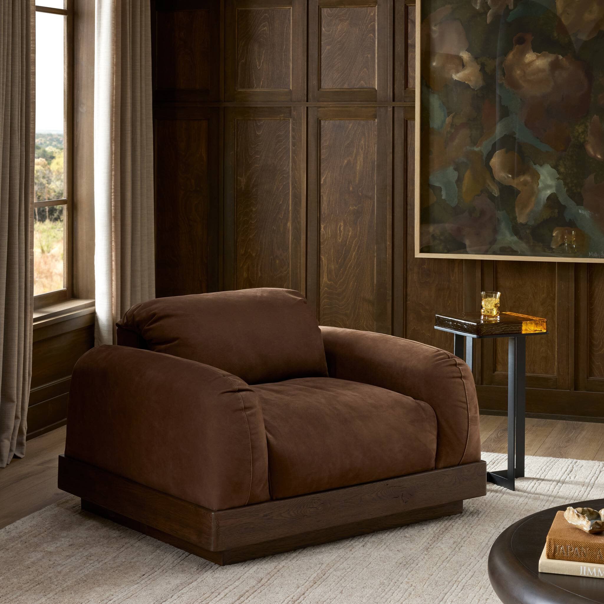 Four Hands Voller Nubuck Tobacco Chair styled in a room setting