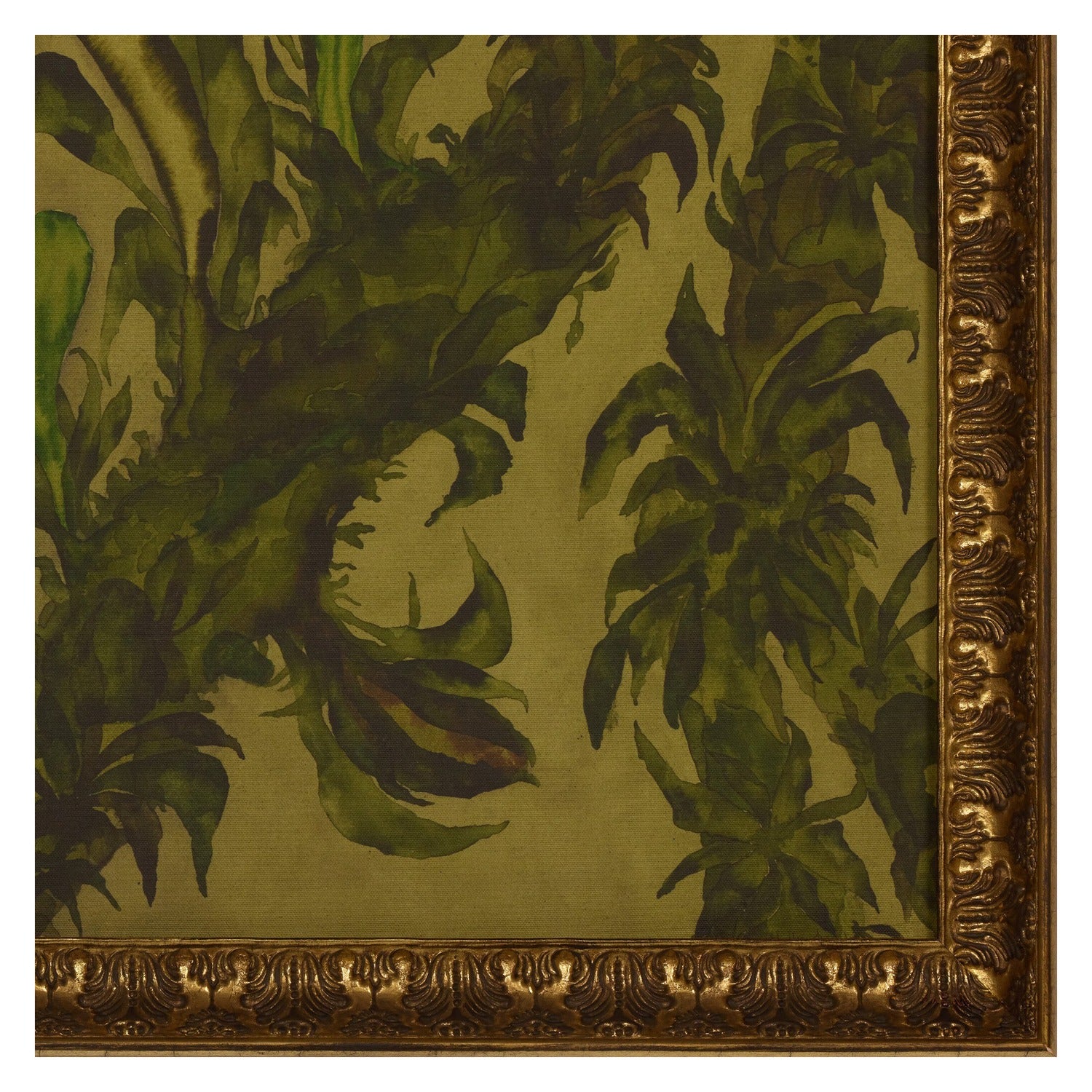 Molly Franken x Four Hands Epiphytes in gilded antique gold frame, close-up detail of canvas texture, view 2