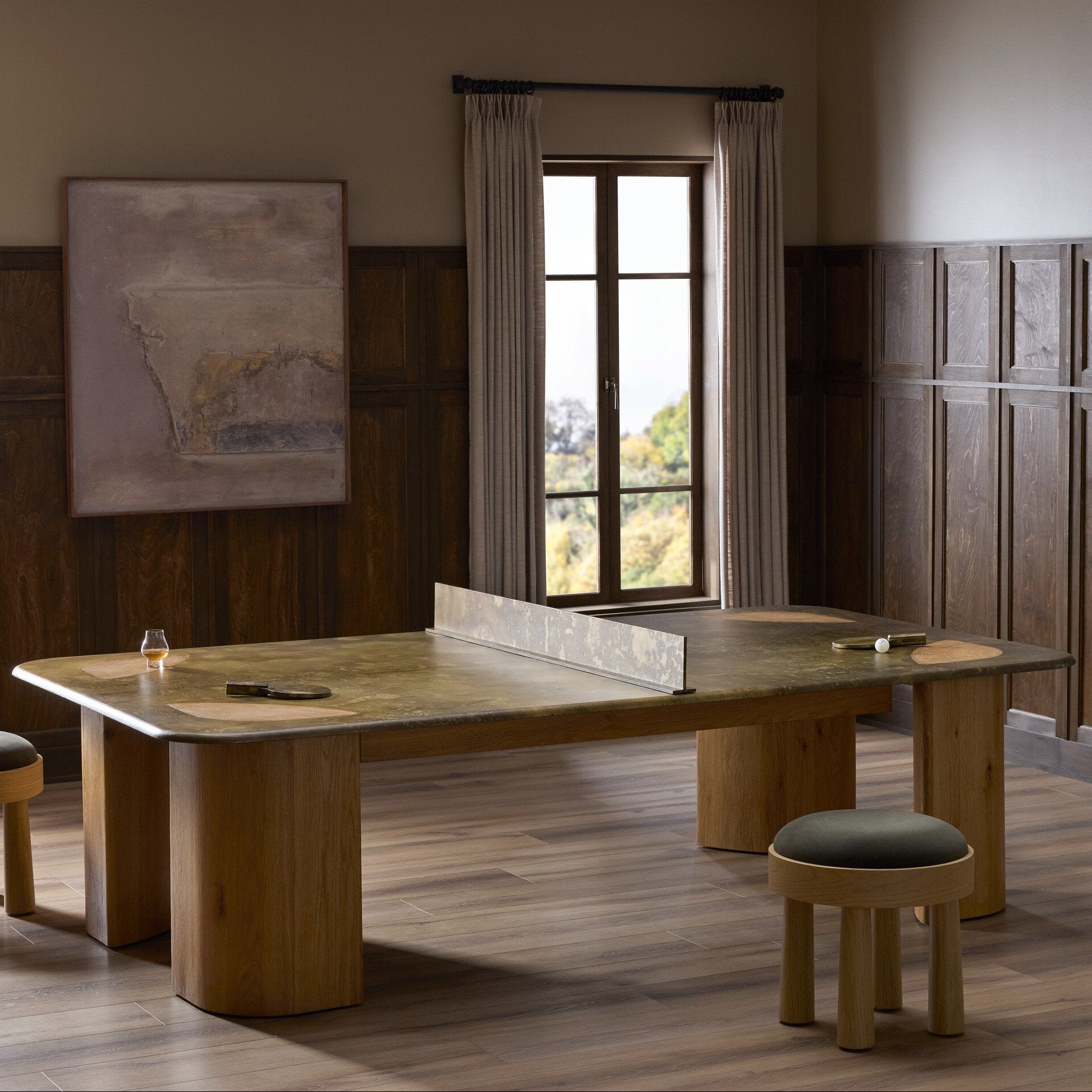Four Hands Vella Smoked Oak Ping Pong Table - styled room setting