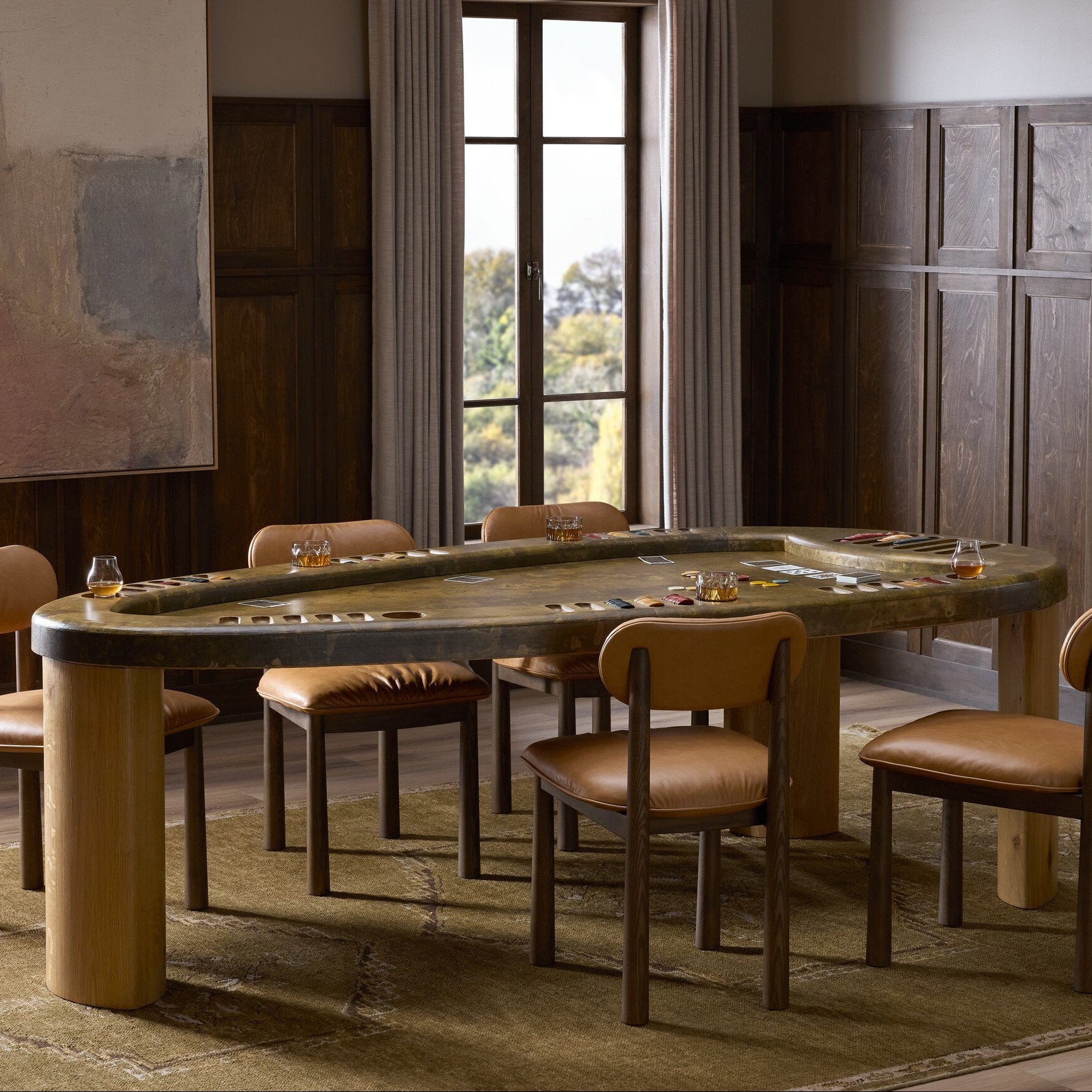 Four Hands Vella Smoked Oak Poker Table - styled room setting