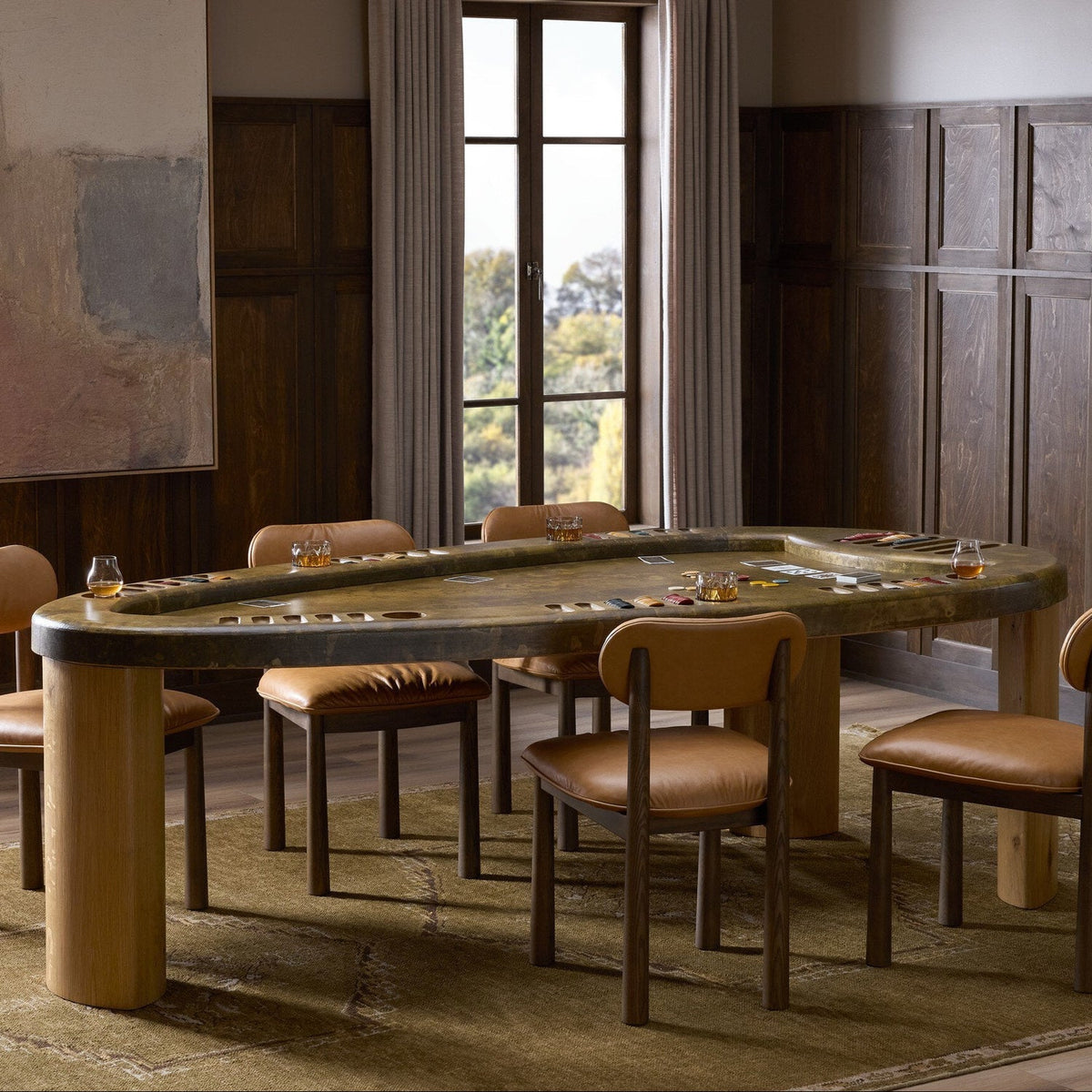 Four Hands Vella Smoked Oak Poker Table - styled room setting