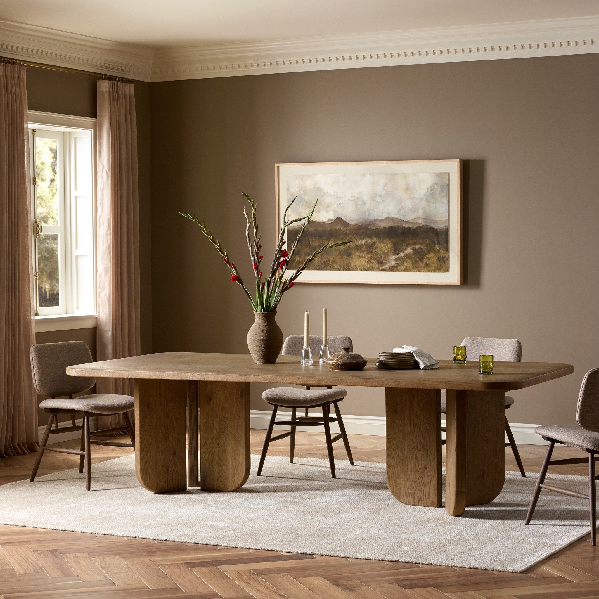 Four Hands Baloro Warm Oak Thick Dining Table - styled room setting