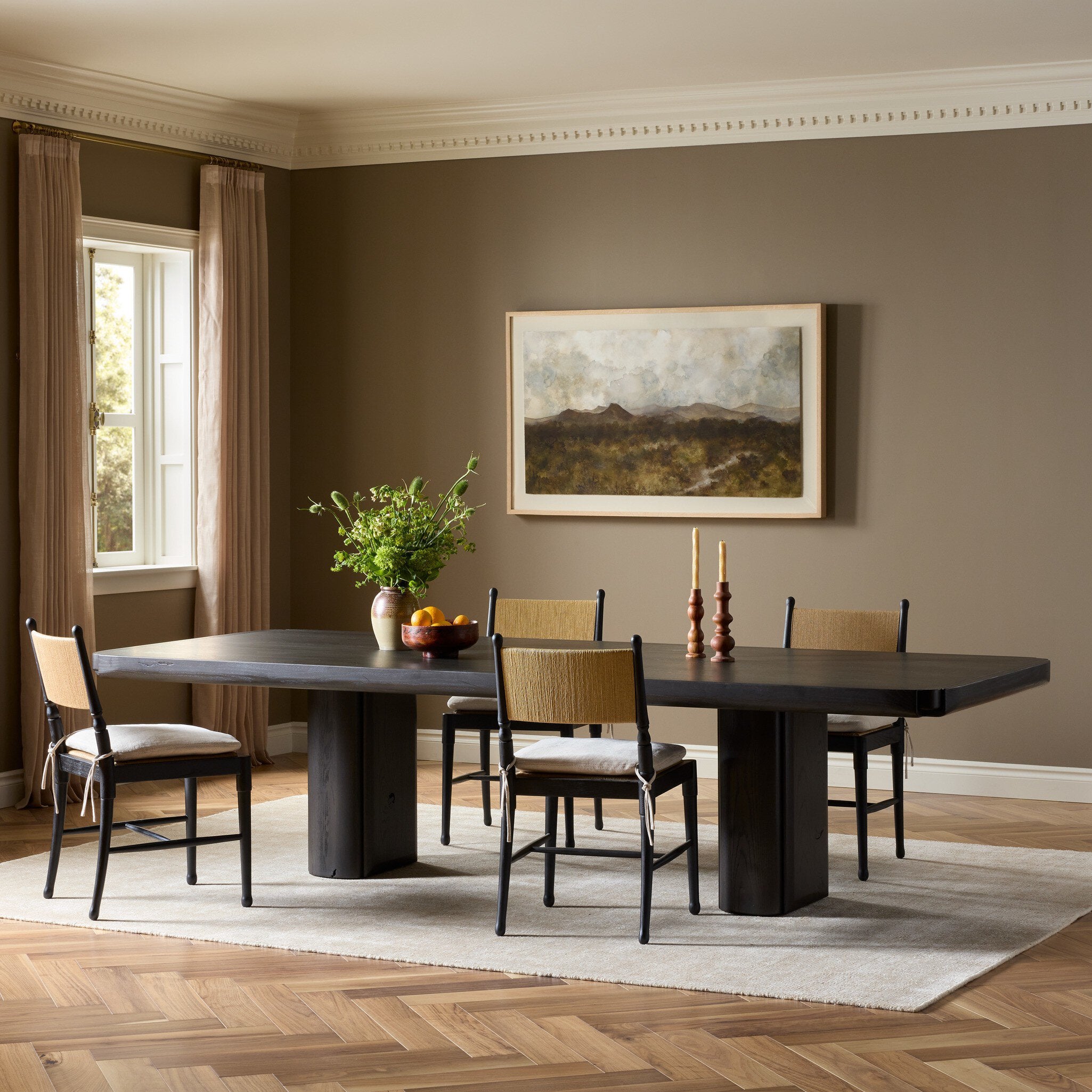 Four Hands Floyd Smoked Black Oak Dining Table - styled room setting