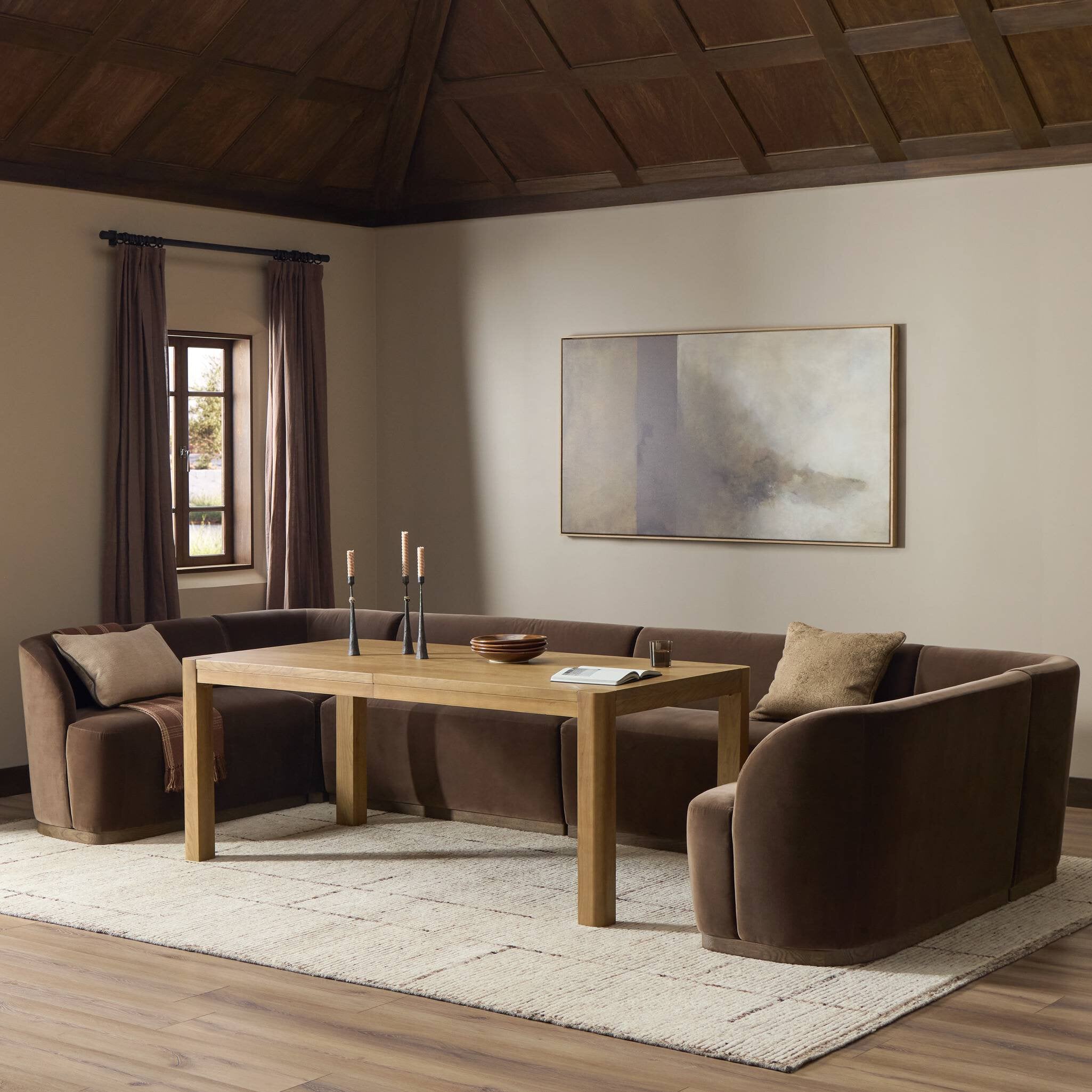Four Hands Dorset Surrey Mink U-Shape Banquette styled room setting