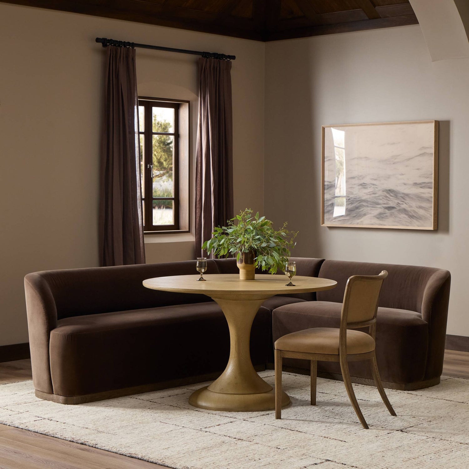 Four Hands Dorset Surrey Mink L-Shape Banquette styled room setting