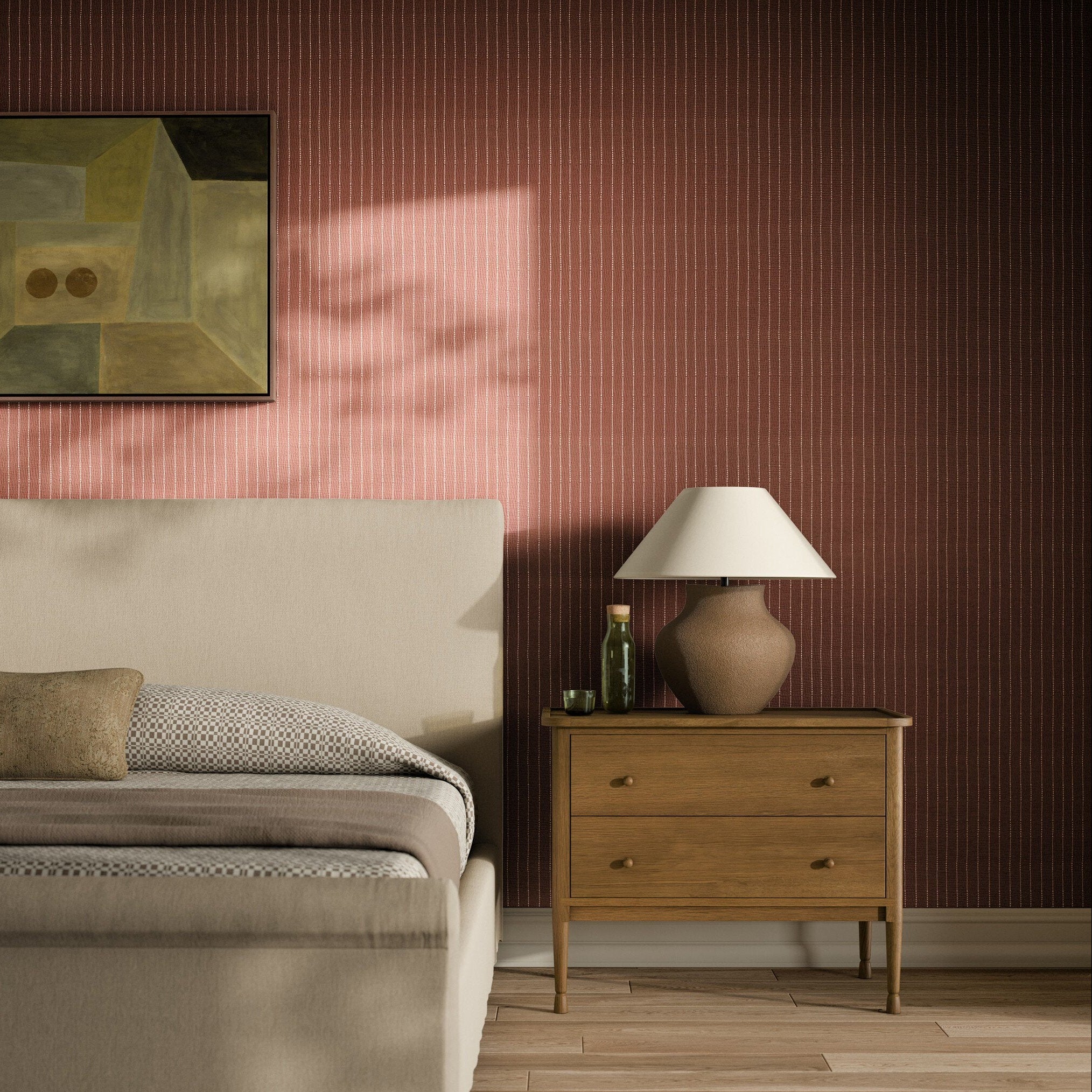 FH Art Studio Dobby Stripe Rust Grasscloth Wallpaper styled in a room setting