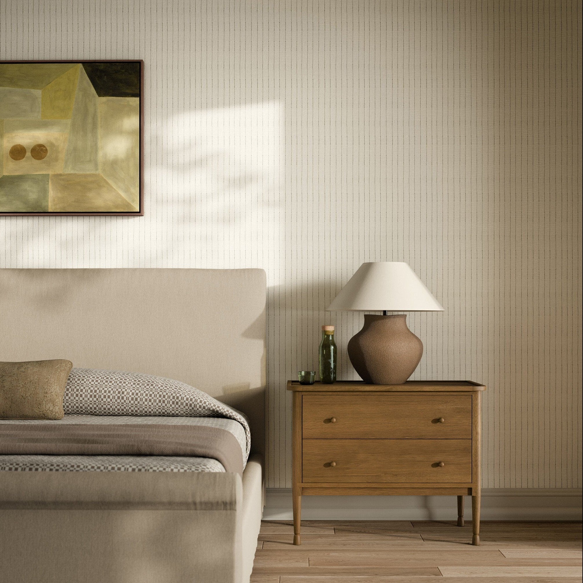 FH Art Studio Dobby Stripe Sand Grasscloth Wallpaper styled in a room setting