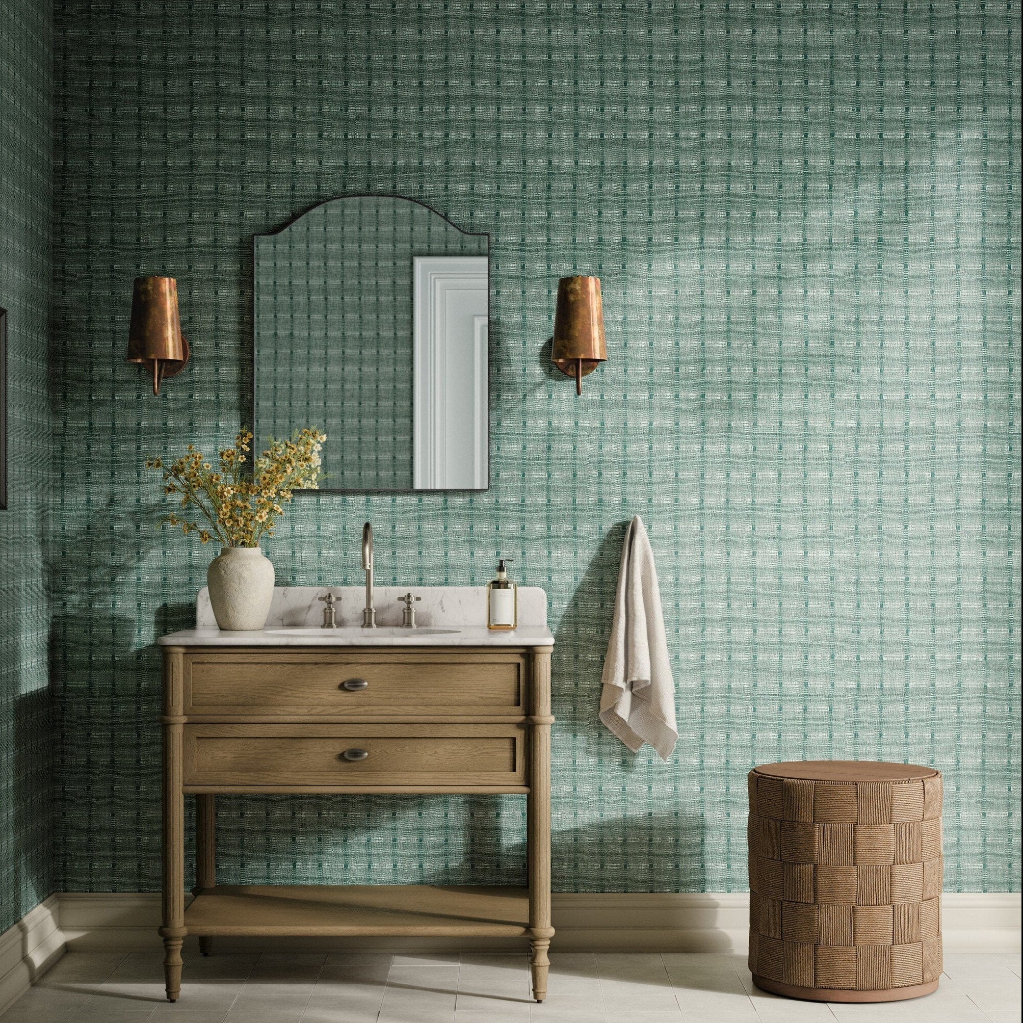 FH Art Studio Dobby Verdigris Grasscloth Wallpaper styled in a room setting