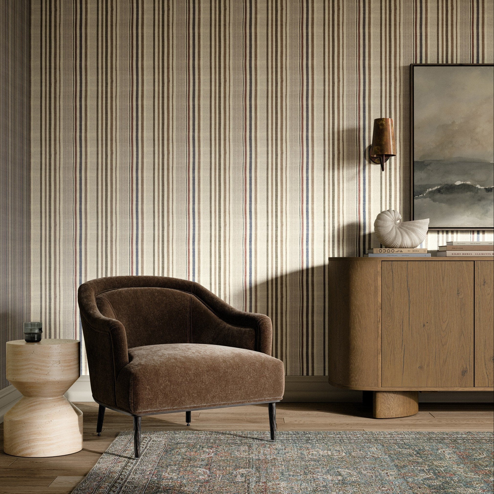 FH Art Studio Stripe Grasscloth Parchment Grasscloth Wallpaper styled in a room setting