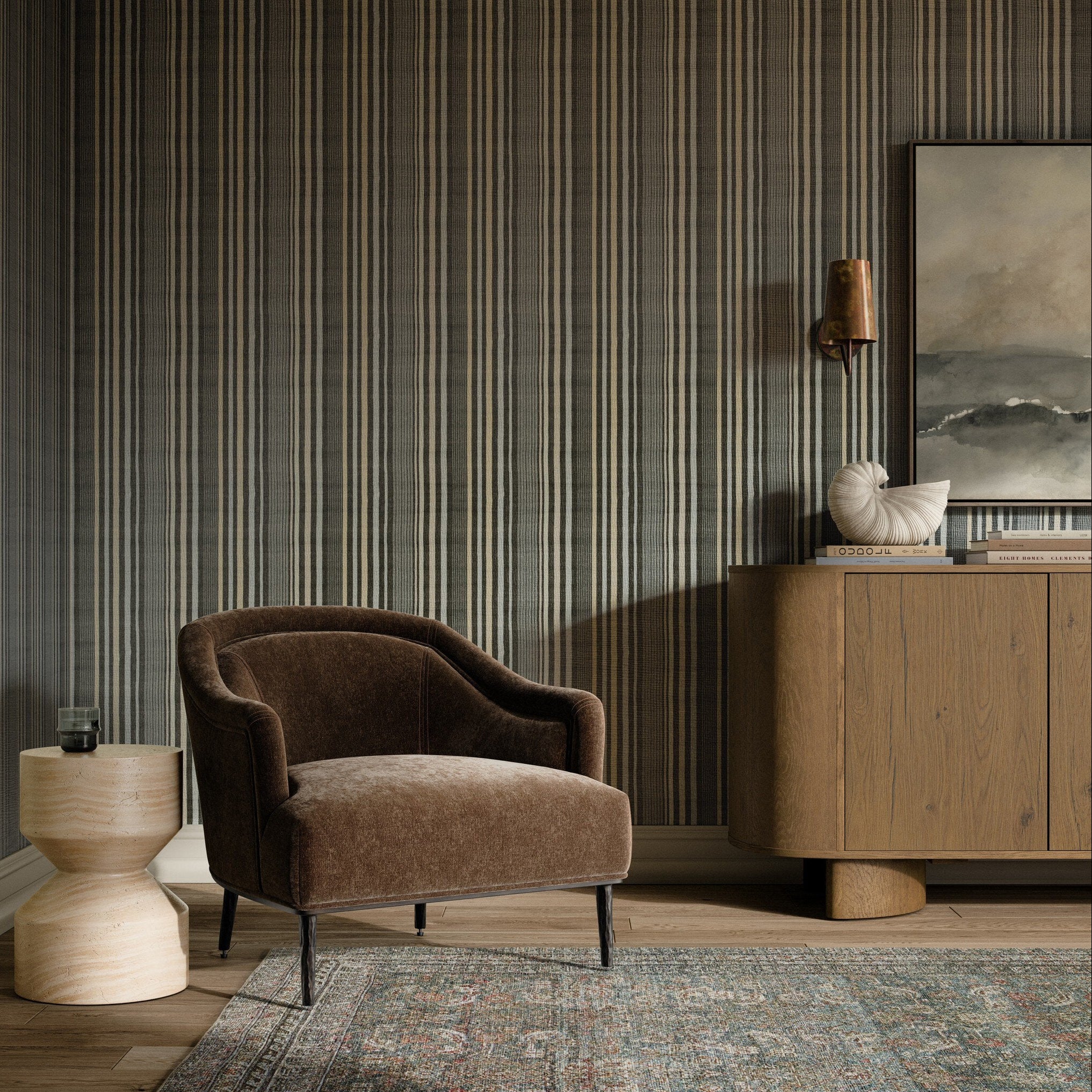 FH Art Studio Stripe Grasscloth Dusk Grasscloth Wallpaper styled in a room setting