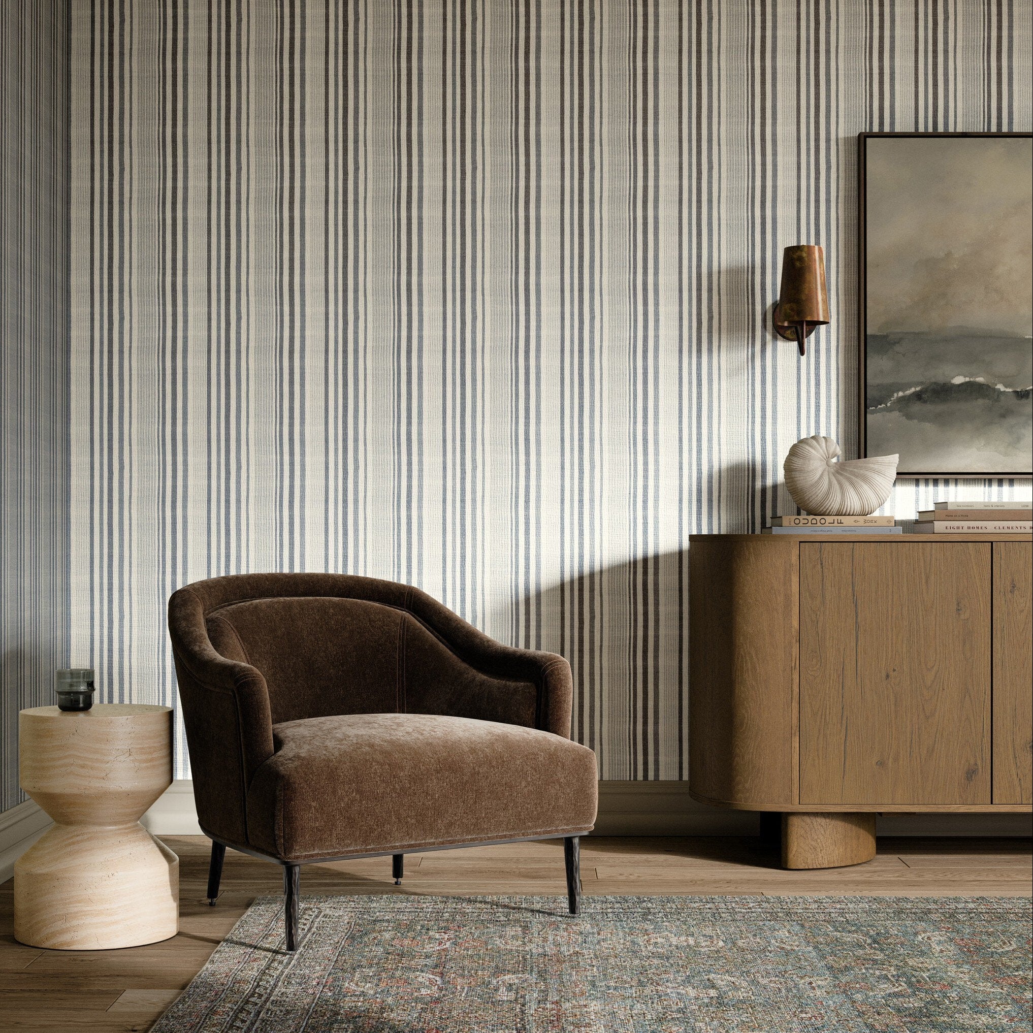FH Art Studio Stripe Grasscloth Chambray Grasscloth Wallpaper - styled room setting