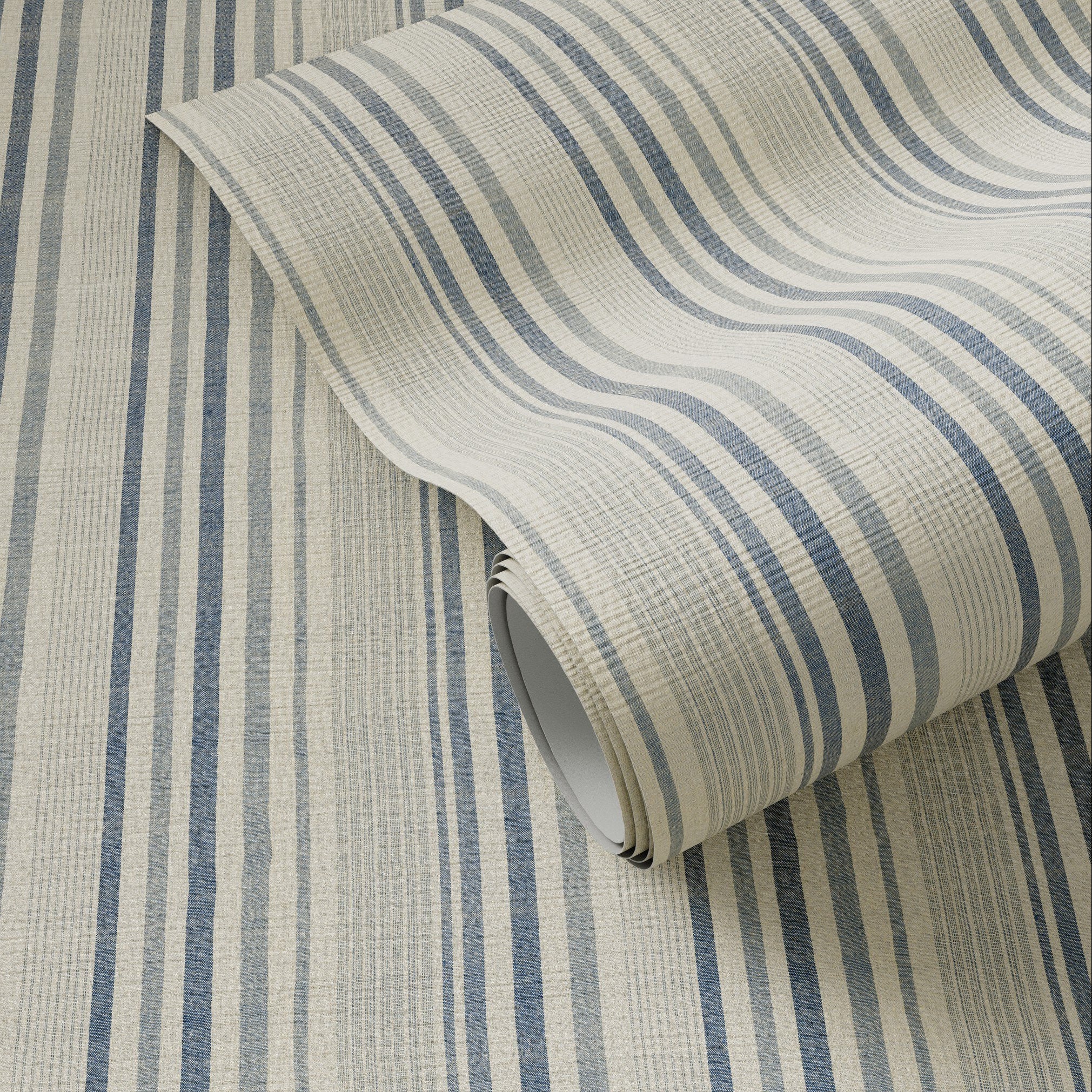 FH Art Studio Stripe Grasscloth Chambray Grasscloth Wallpaper - styled view