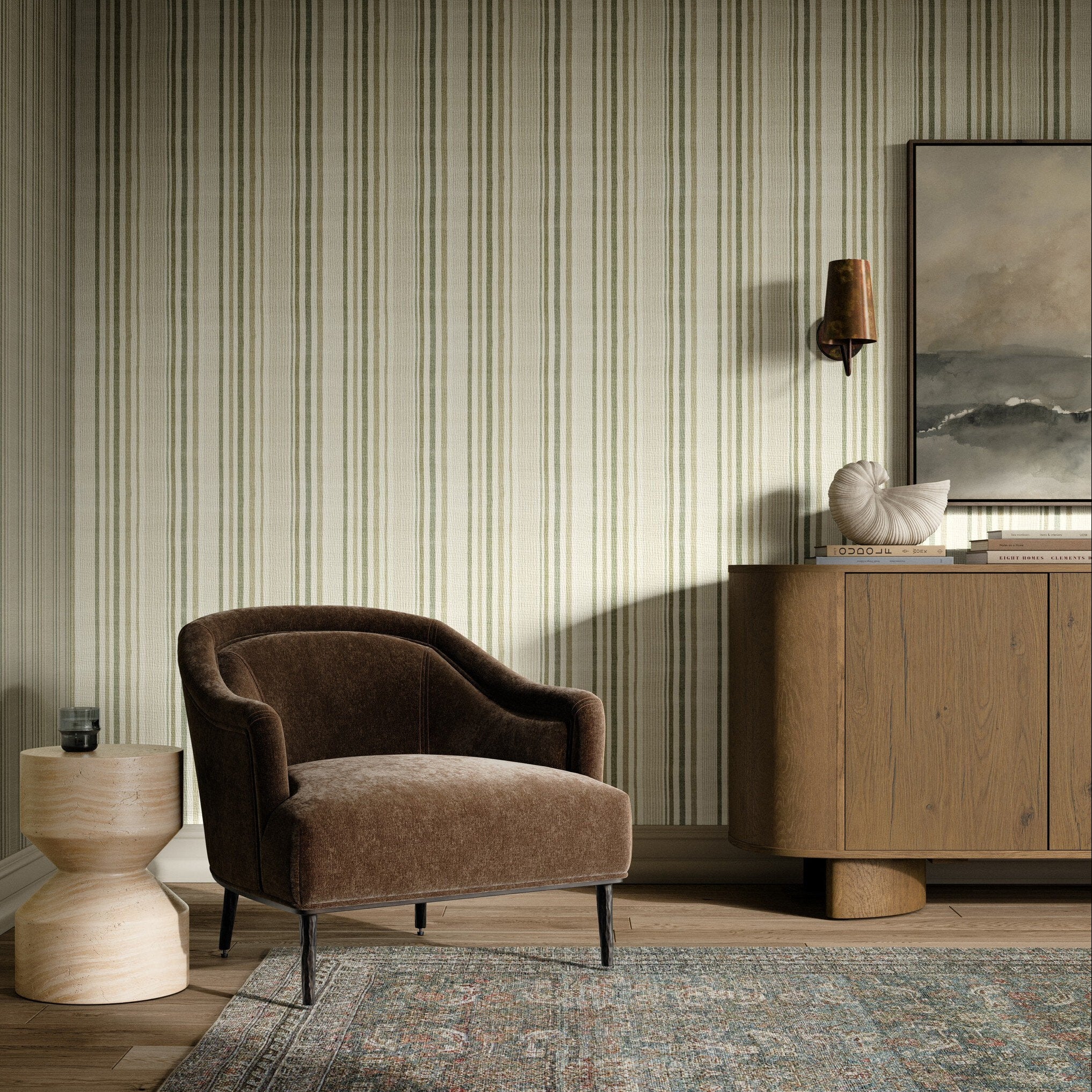 FH Art Studio Stripe Grasscloth Forest Grasscloth Wallpaper - styled room setting
