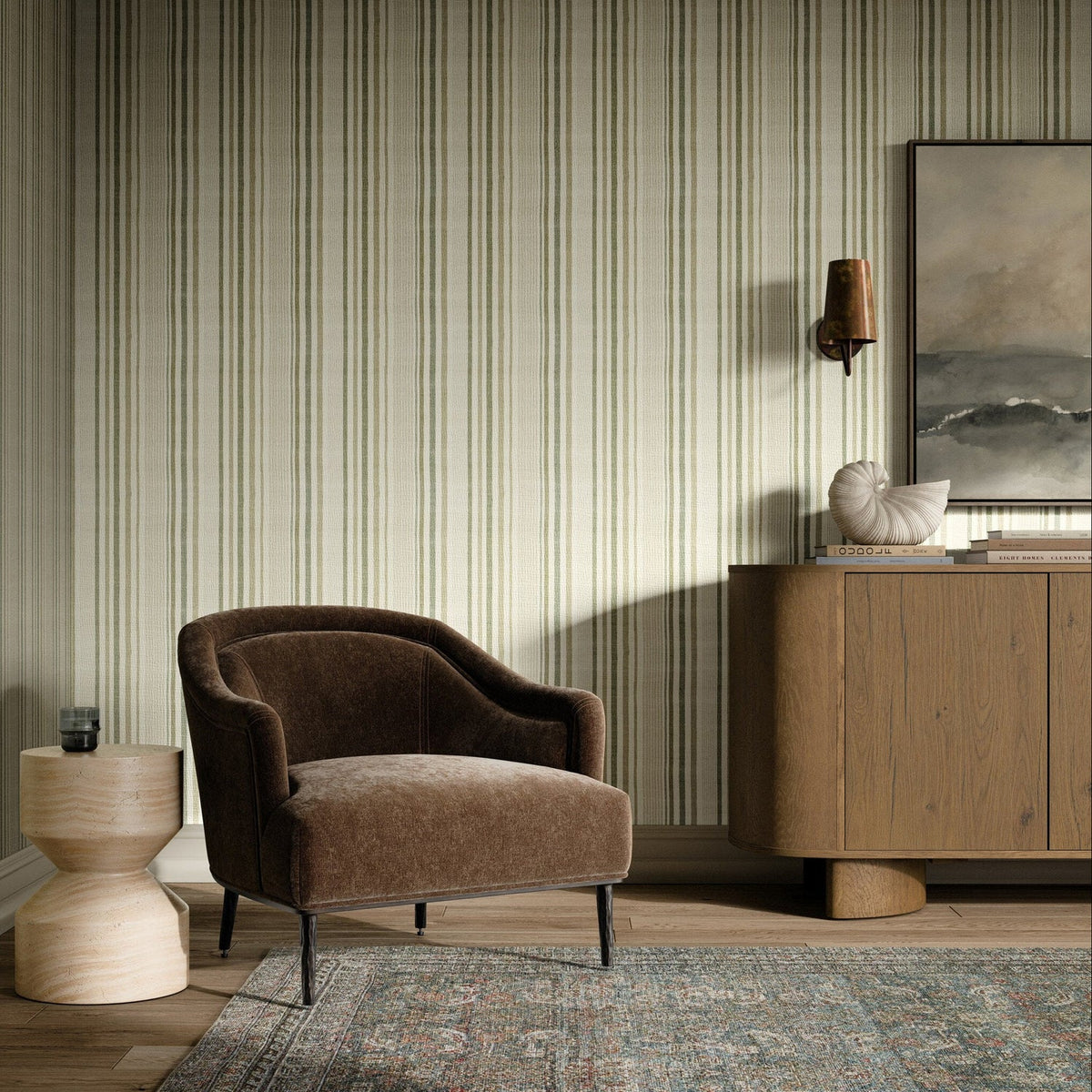 FH Art Studio Stripe Grasscloth Forest Grasscloth Wallpaper - styled room setting