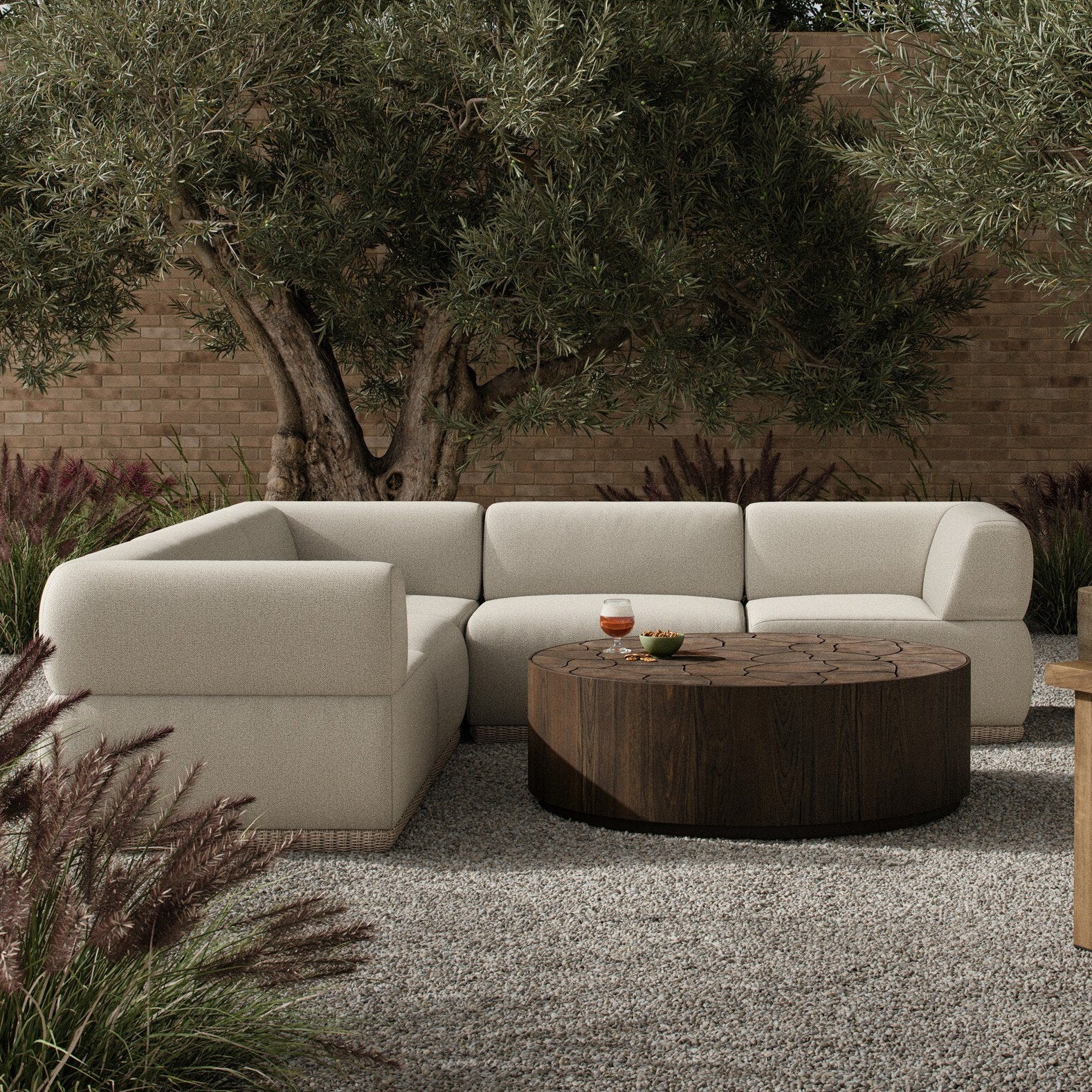 Four Hands Evander Ramiro Ecru 5 Piece Outdoor Sectional Sofa - styled room setting