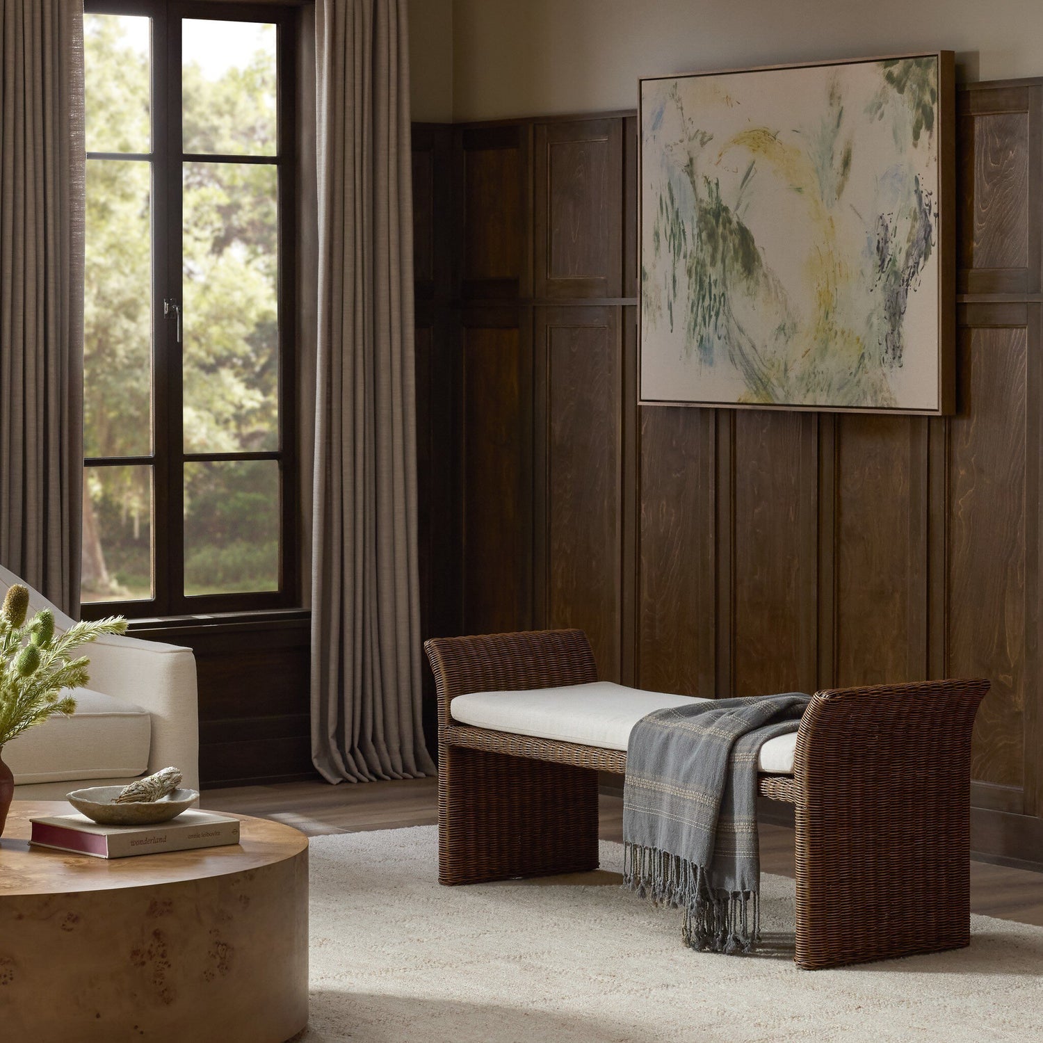 Four Hands Fiora Lynchart Sand Accent Bench - styled room setting