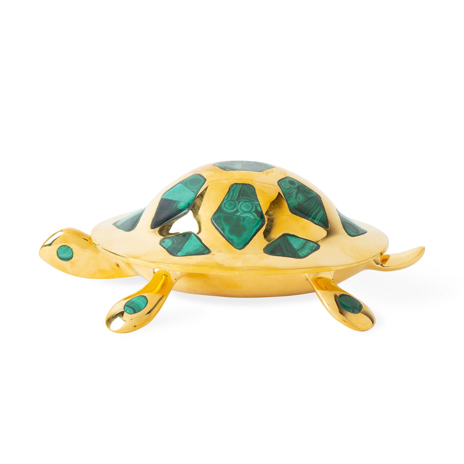 Side profile of Jonathan Adler Brass Turtle Box in solid brass with malachite inlays
