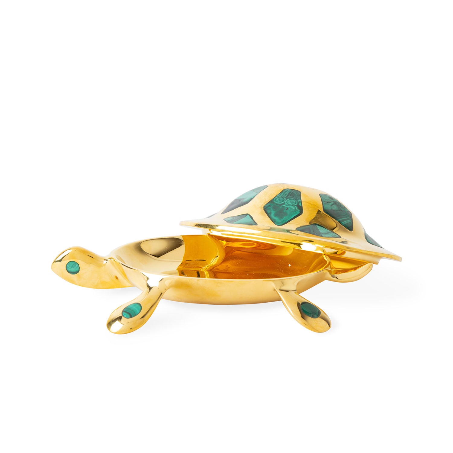 Jonathan Adler Brass Turtle Box in solid brass with malachite inlays shown to scale in a styled setting
