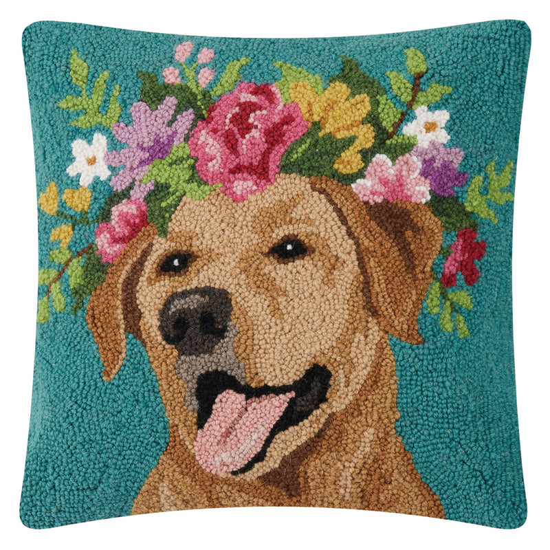 Yellow Lab with Flowers Hook Throw Pillow