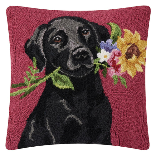 Black Lab with Flowers Hook Throw Pillow