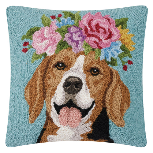 Beagle with Flowers Hook Throw Pillow