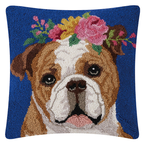 Bulldog with Flowers Hook Throw Pillow