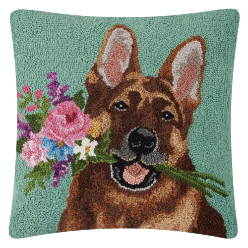 German Shepherd with Flowers Hook Throw Pillow