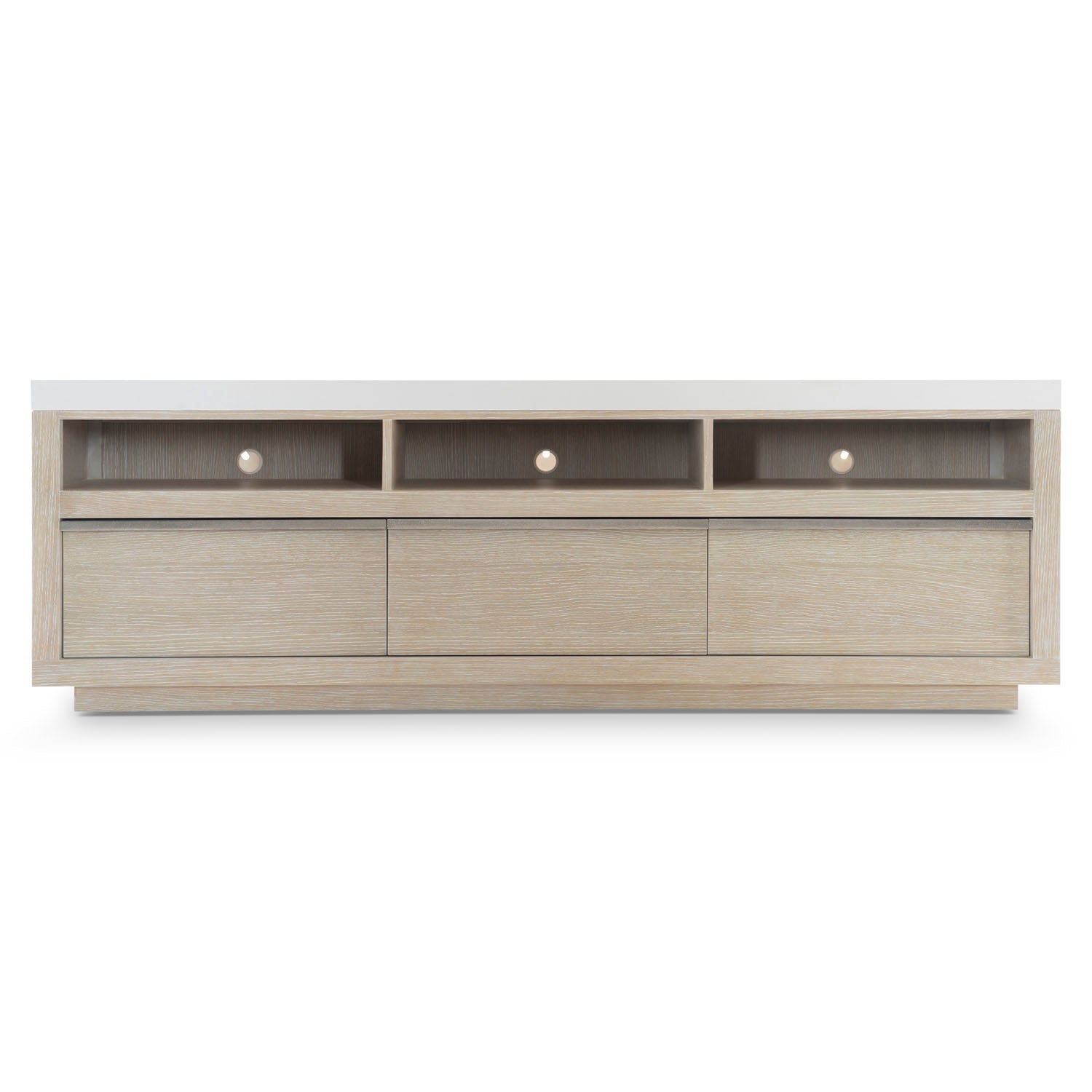 Bernhardt Solaria Entertainment Credenza with 3 Drawers in Fossil finish, styled in a room setting