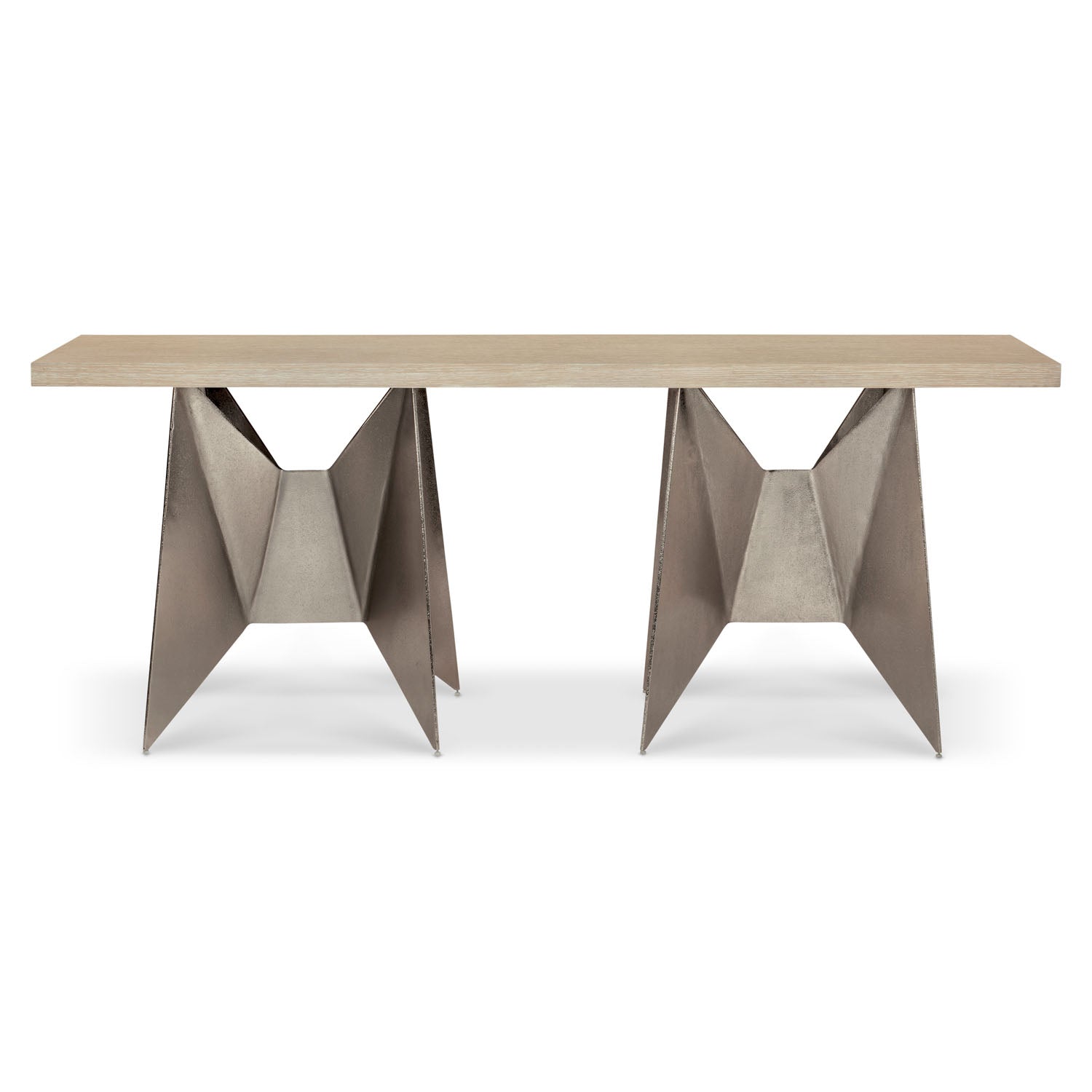 Bernhardt Solaria Console Table with 2 Metal Origami-inspired Bases in Dune finish, side profile