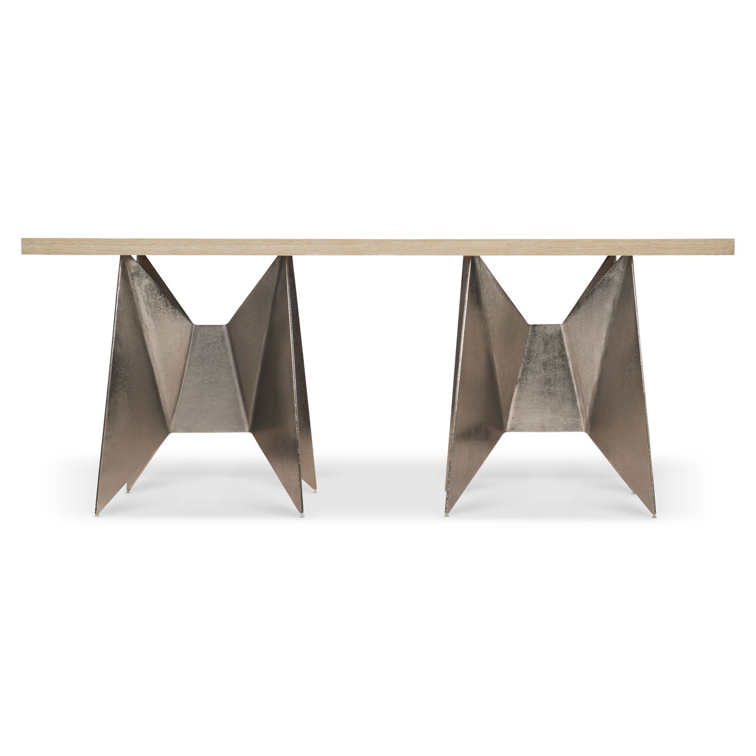 Bernhardt Solaria Console Table with 2 Metal Origami-inspired Bases in Dune finish, styled in a room setting
