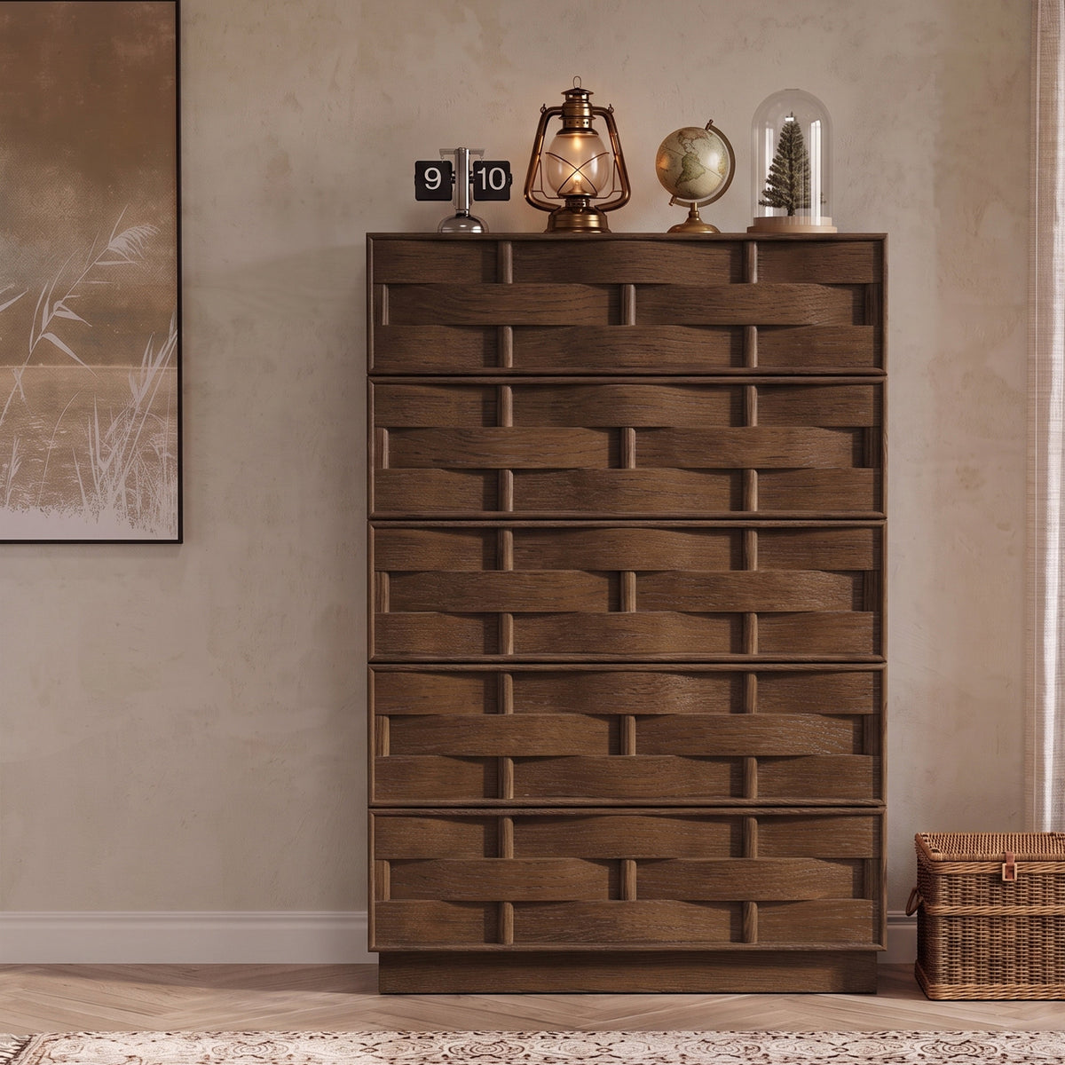Weave Brown Oak Veneer Chest